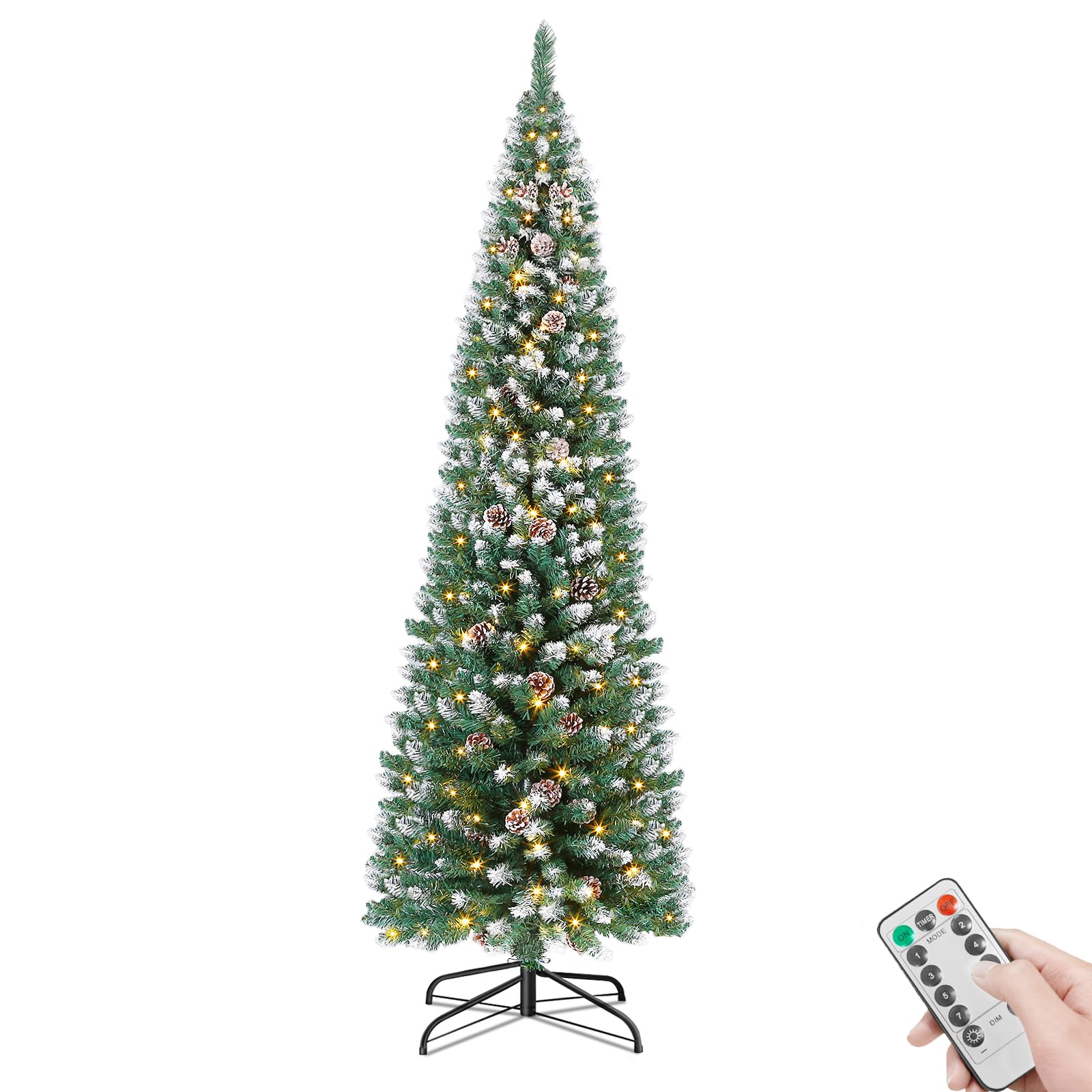 Rollingsurfer 6ft Pre-lit Artificial Christmas Tree, Frosted Pencil Slim Christmas Tree Decoration with 250 Warm White Lights, 8 Lighting Modes, 700 Frosted Tips, 34 Pine Cones, Metal Stand