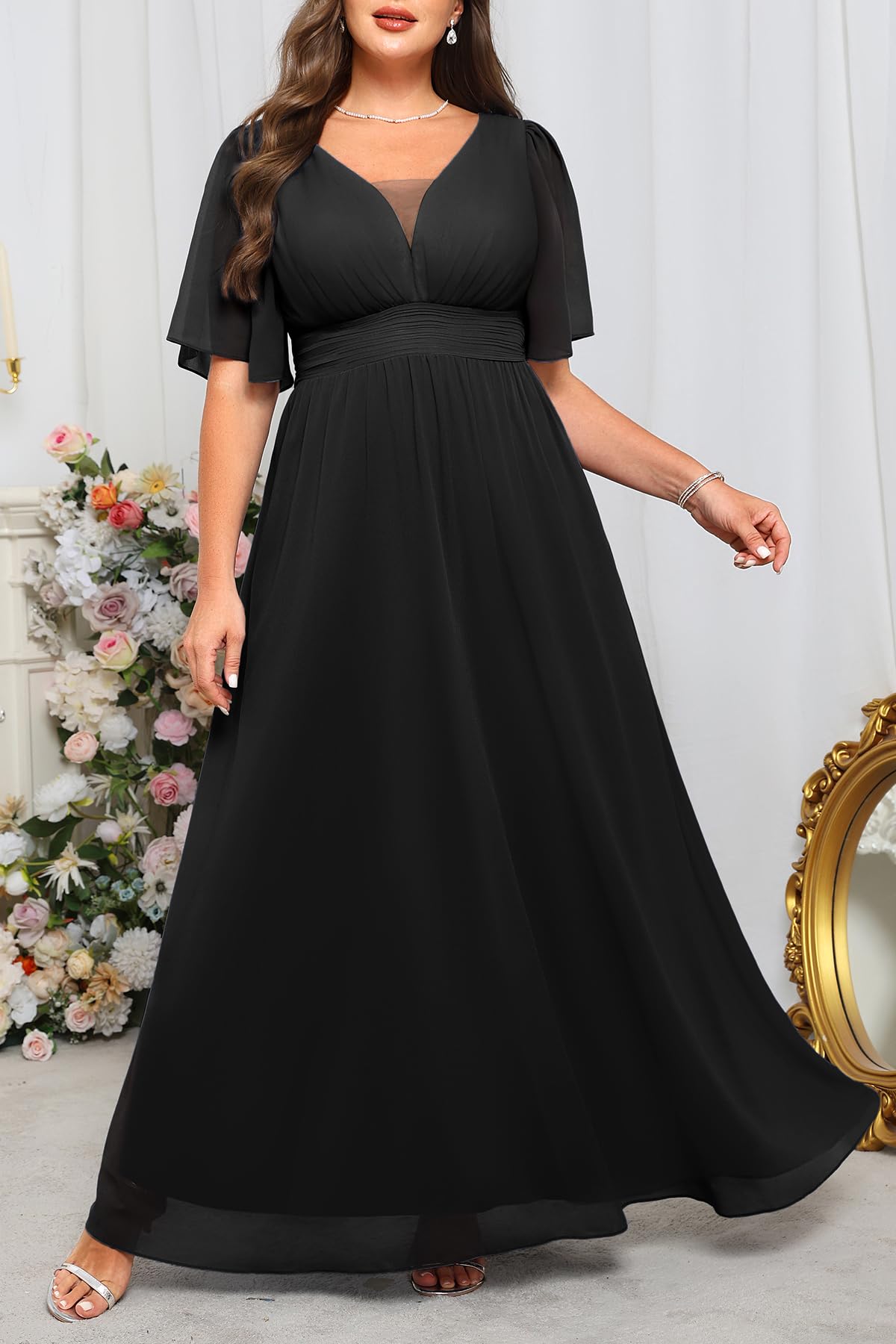 Talisea Formelle Kleider in Übergröße – V-Ausschnitt, Flatterärmel, Abendkleid, Brautjungfer, Hochzeit, Gäste, Chiffon, langes Maxikleid