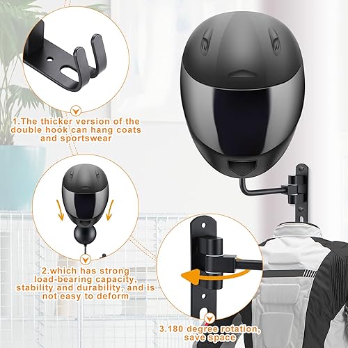 Miniatura 3 de Paquete de 10 soportes para casco de motocicleta, rotación de 180°, soporte de montaje en pared con ganchos para bicicleta, motocicleta, gorra de