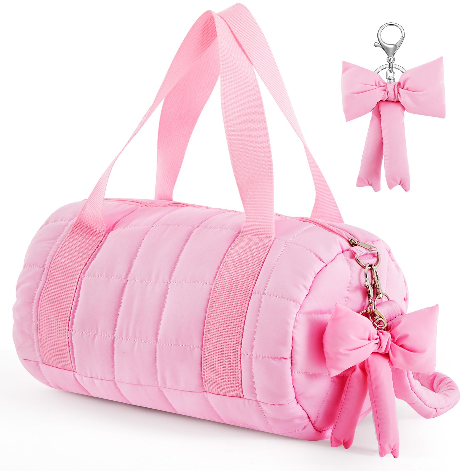 Bulyoou 12.8 Inch Quilted Puffer Ballet Dance Bag Cute Tote Bag with Hanging Bow Pendant for Travel Dancing Dress(Classic)