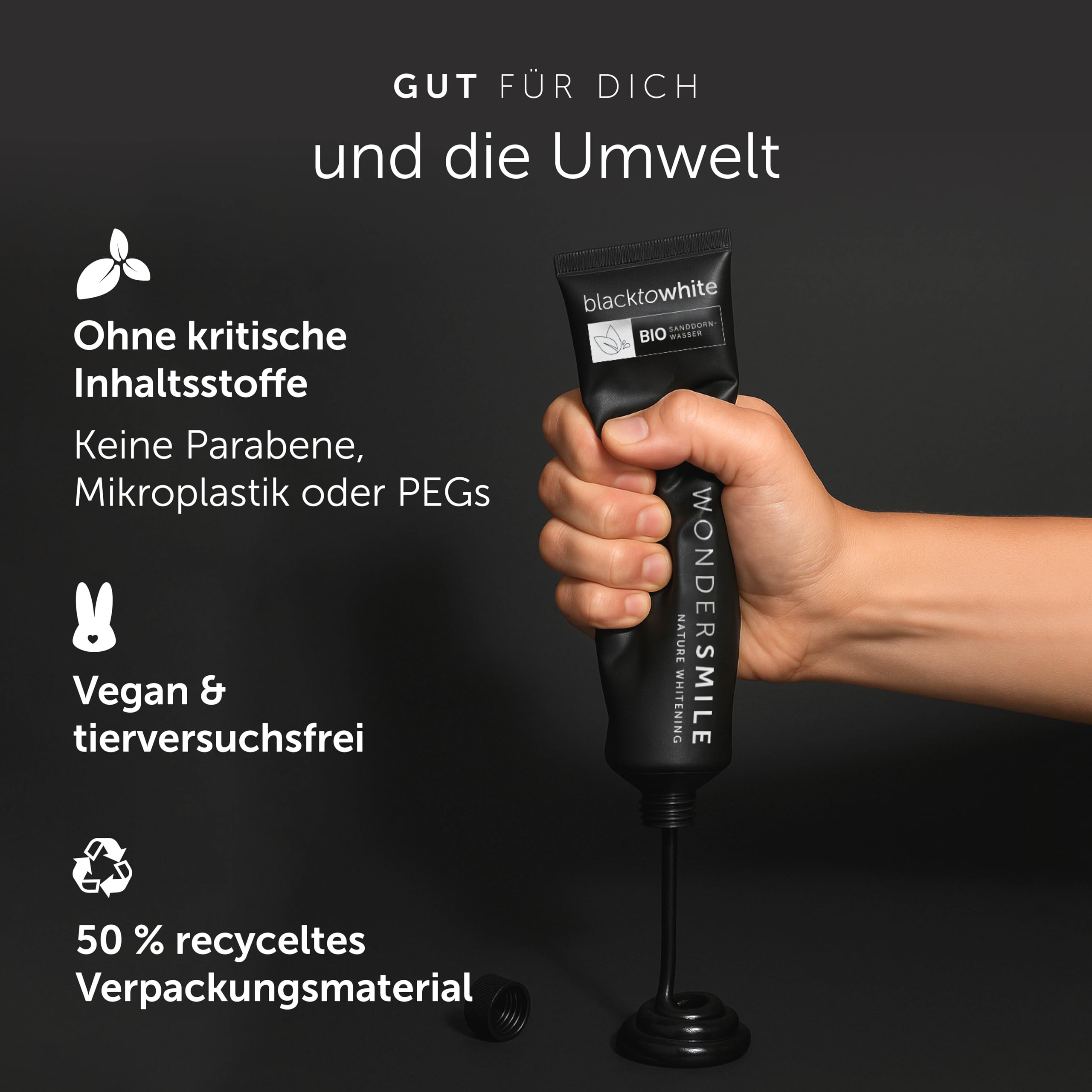 Wondersmile Aktivkohle Zahnpasta Mint – sanftes Whitening - Fluorid 1450 ppm - inkl. BIO Sanddornwasser & Hyaluron - NCS-zertifizierte Naturkosmetik - 100% vegan (8er Pack)