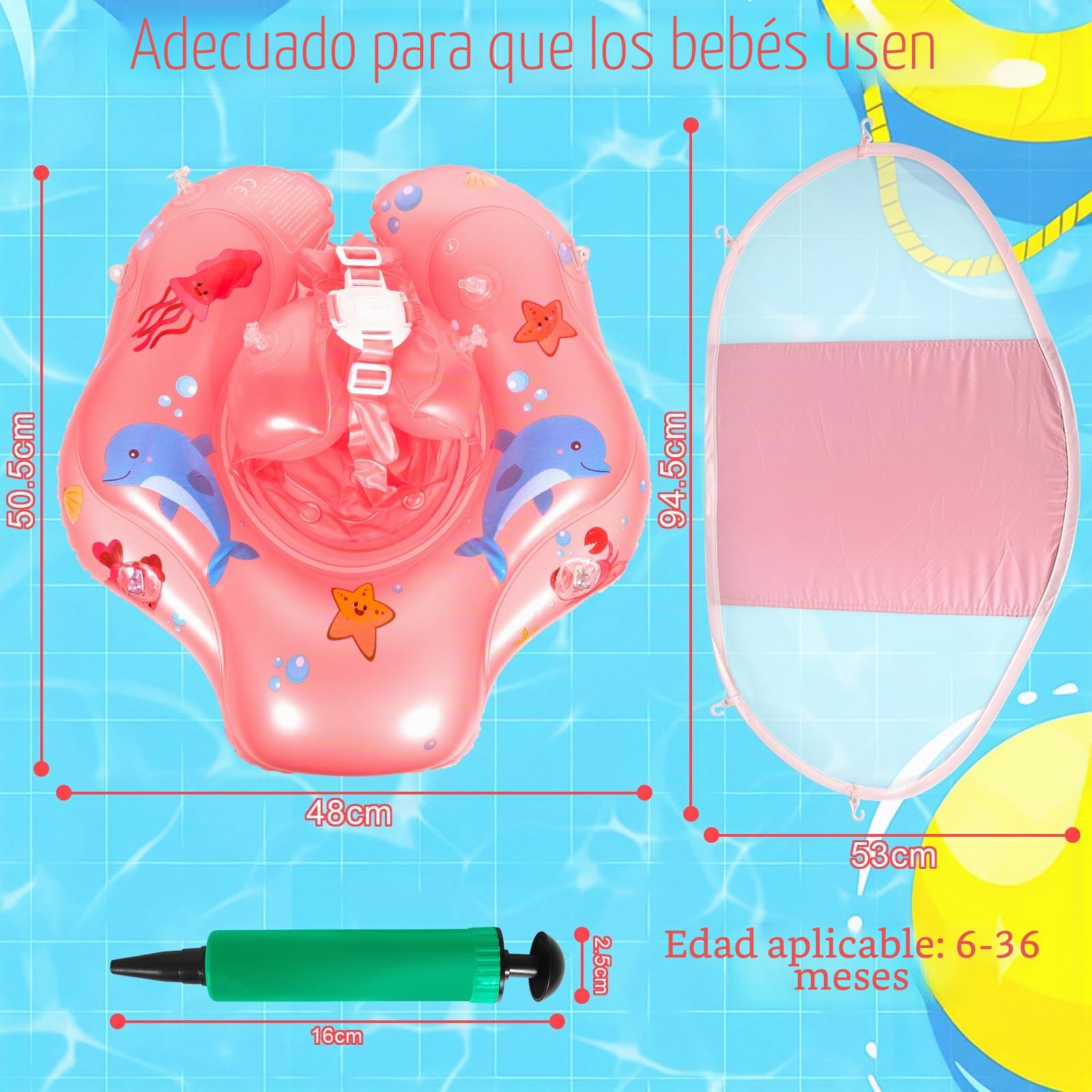 Flotador de Bebe Inflable para 3-36 Meses, Flotador Bebe con Sombrilla y Asiento de Seguridad, Banda de Natación para Bebés, Protección UV UPF 50+, Adecuado Bebe para 5-15 KG(Rosa)