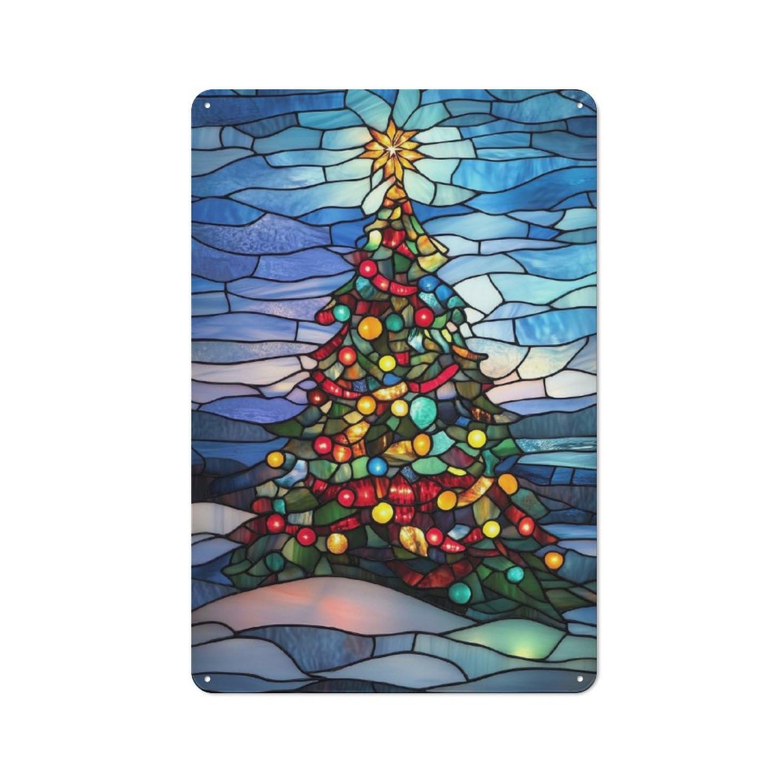 30x20cm Rustic Metal Sign with Stained Glass Christmas Tree for Kitchen Or Home Bar, for Metal Sign Collectors, for Garage And Workshop Walls