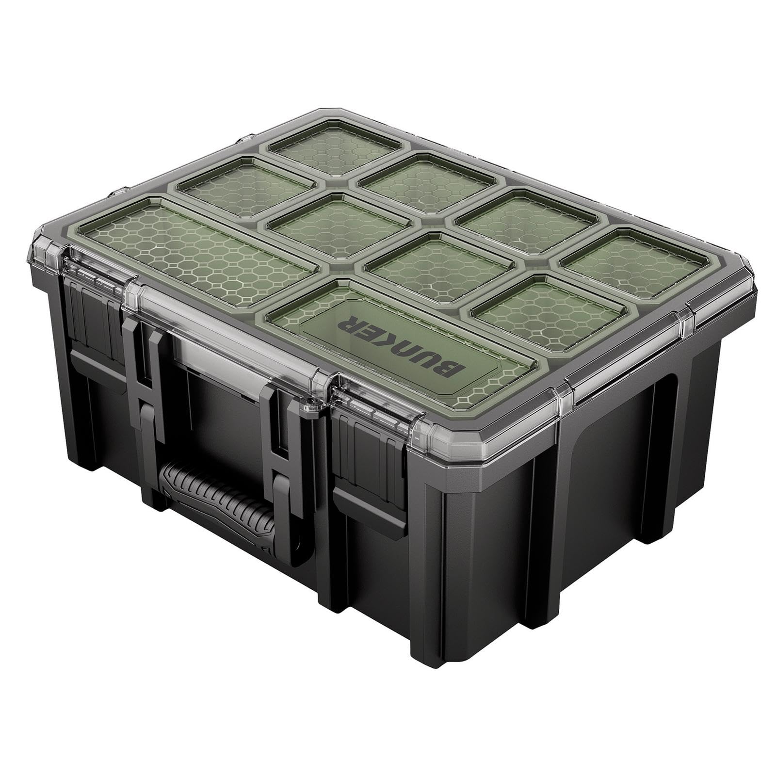 BUNKER Large Deep Tool Organiser 20 Removable Bins, Heavy Duty Impact-Resistant Storage Case with Secure Latch, Water-Resistant Clear Lid & Carry Handle, 408 x 334 x 189mm