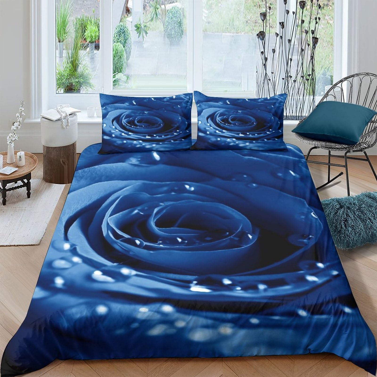 Ctjqhvkz Style-2 3D Printed Blue Rose Fitted Sheet Microfiber Soft Non-Slip Mattress Cover Waterdrop Pattern For Bedroom Guest Room Decor Single（135X200cm）
