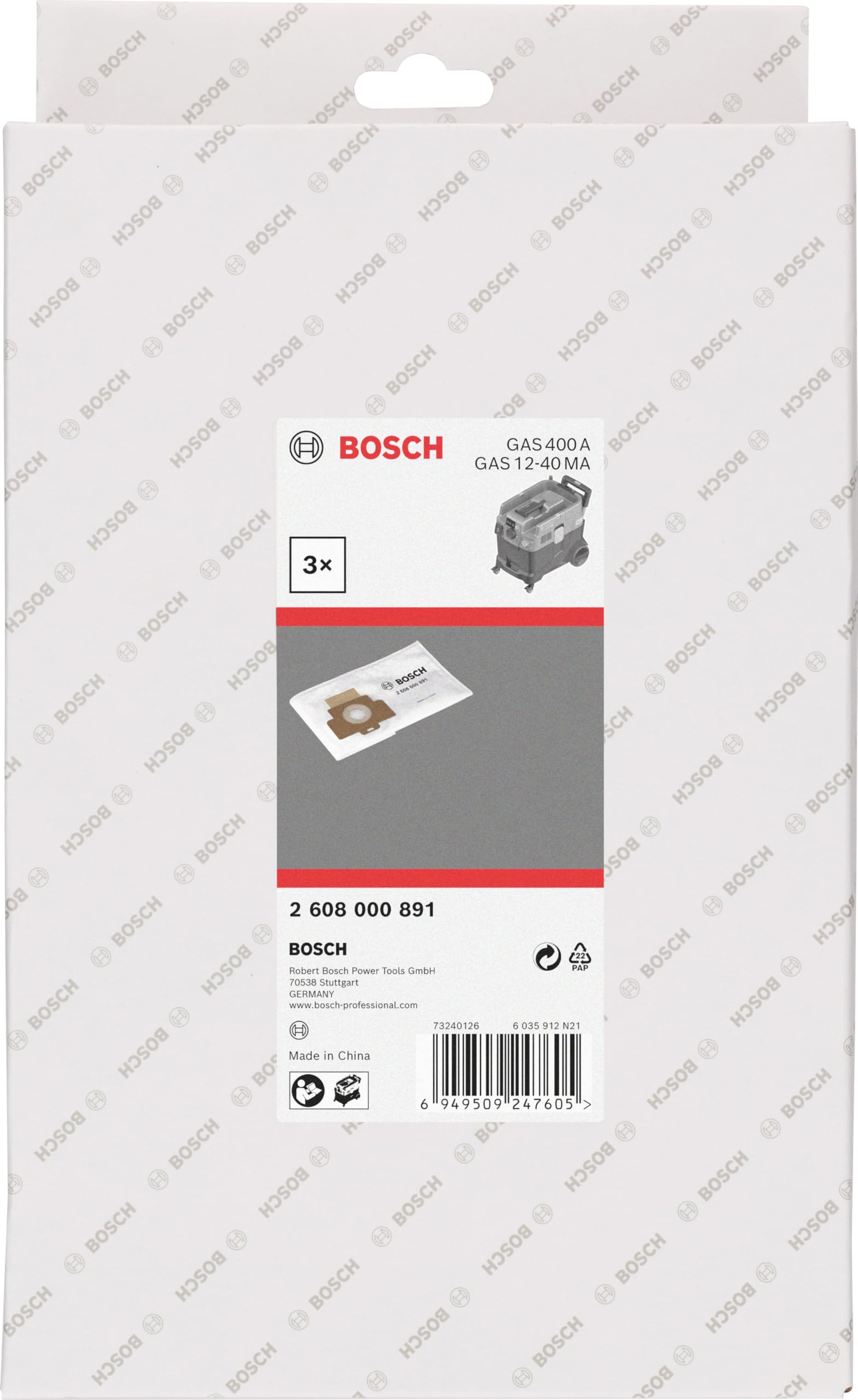 Bosch 3 sacs en non-tissé PRO (pour aspirateur GAS 400 A et GAS 12-40 MA, accessoires professionnels)