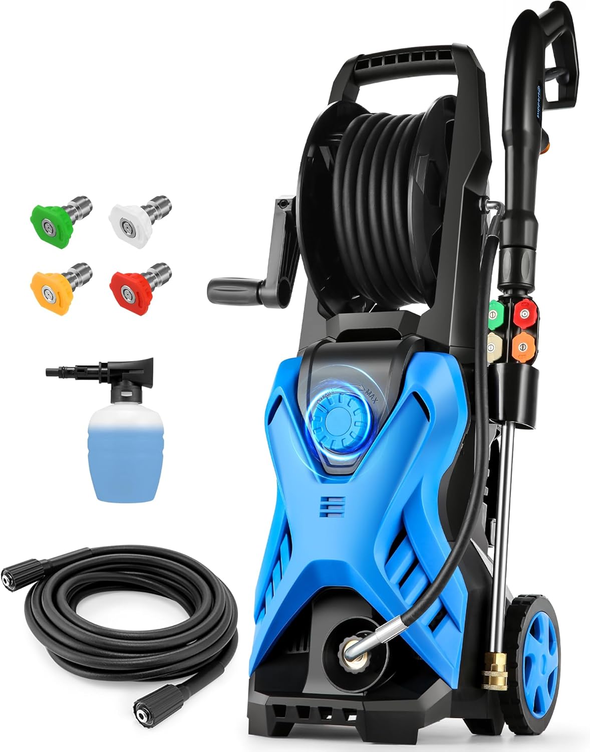 5000 PSI 2.8 GPM Electric Pressure Washer High Power Washer Adjustable Pressure 2500PSI-5000PSI with 33FT Extension Hose Reel, 4 Nozzles and Soap Bottle for Cars/Fences/Driveways/Home/Patios (Blue)