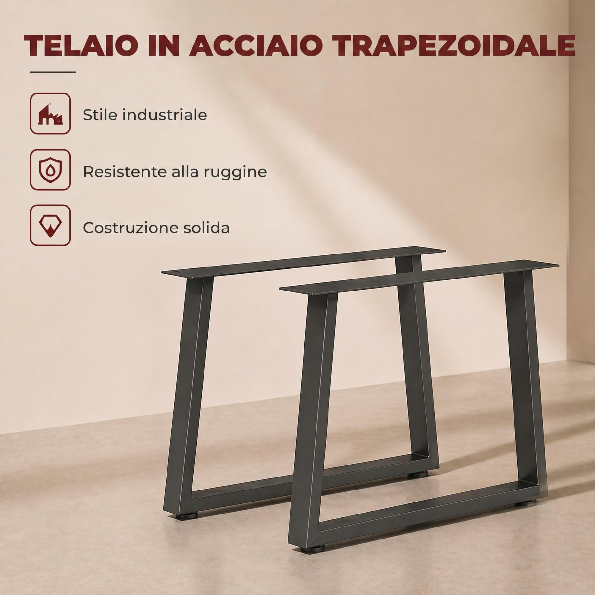 HOMCOM Set 2 Gambe per Tavolo Trapezoidali in Acciaio 60x10x43 cm Nero | Gambe per Mobili, 12 Fori, 12 Viti, 4 Piedini Regolabili, Stile Industriale, Capacità 75 kg, per Panca, Tavolino