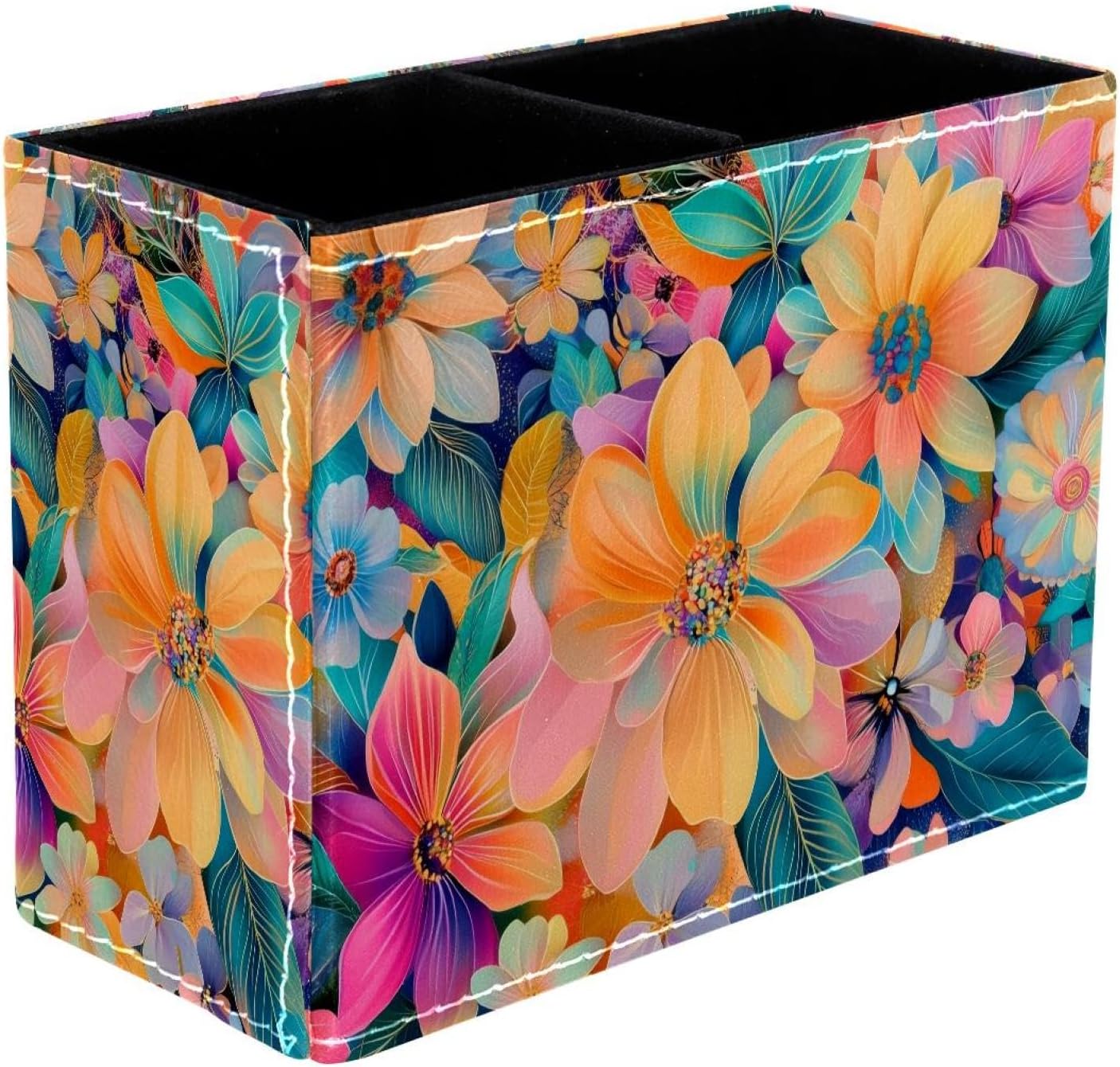 Colorful Flower Pen Pencil Holder for Desk, Pu Leather Box Pen Cup Makeup Brush Holder, Desktop Organizer Storage Case for Bedroom Dorm Office Desk Tabletop Decor