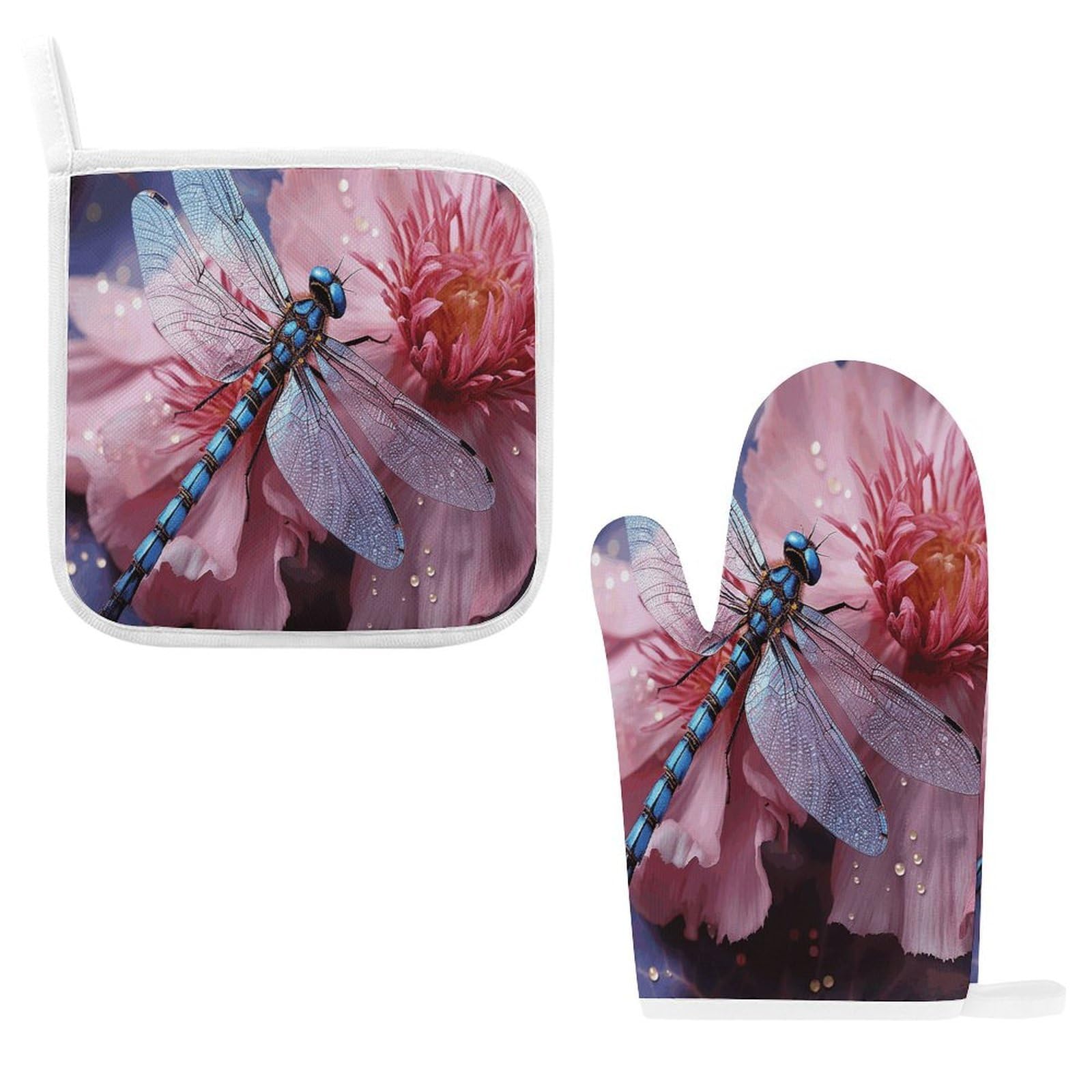Fodpand Style Pink Flower And Blue Dragonfly Oven Mitts And Pot Holders Sets