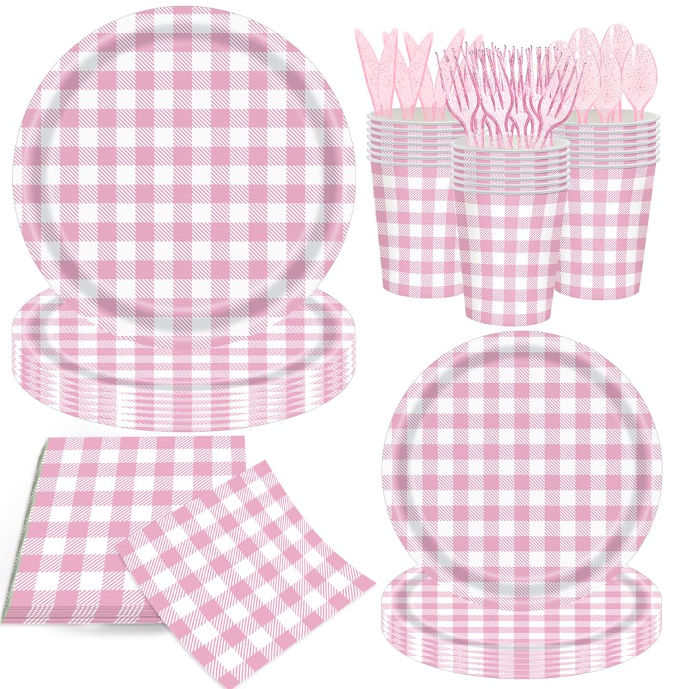 140Pcs Gingham Party Supplies for 20 Guests Thick Paper Plates and Napkins Knives Spoons Forks Cups Disposable Party Set Cutlery for Dinner Baby Shower Wedding Favor (Pink)