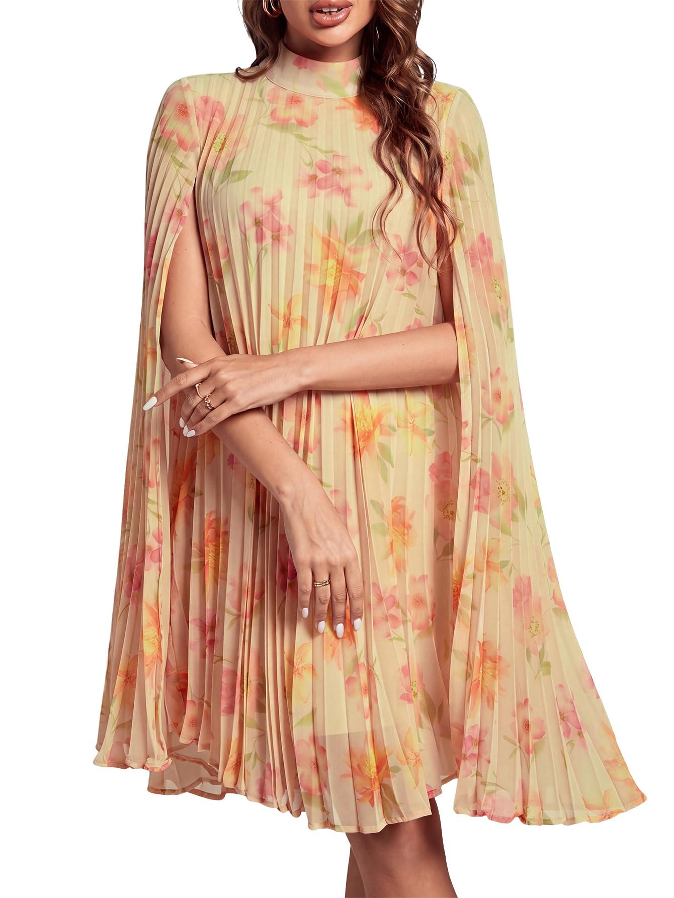 Rooscier Women's Mock Neck Cloak Sleeve Pleated Keyhole Back Flowy Party Midi Dress
