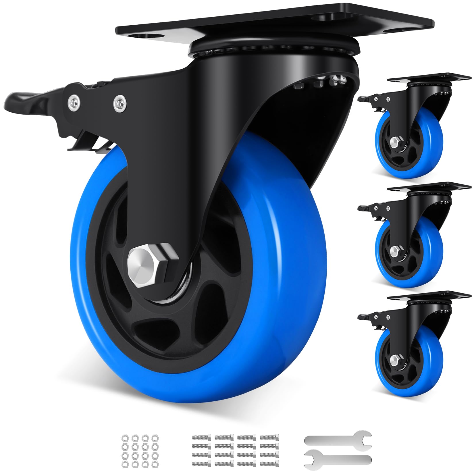 Humagineer 4 Inch Swivel Casters Set of 4, 1800 Lbs Heavy Duty Caster Wheels, Dual-Locking Castors with Brake, No Noise Top Plate Wheels for Furniture