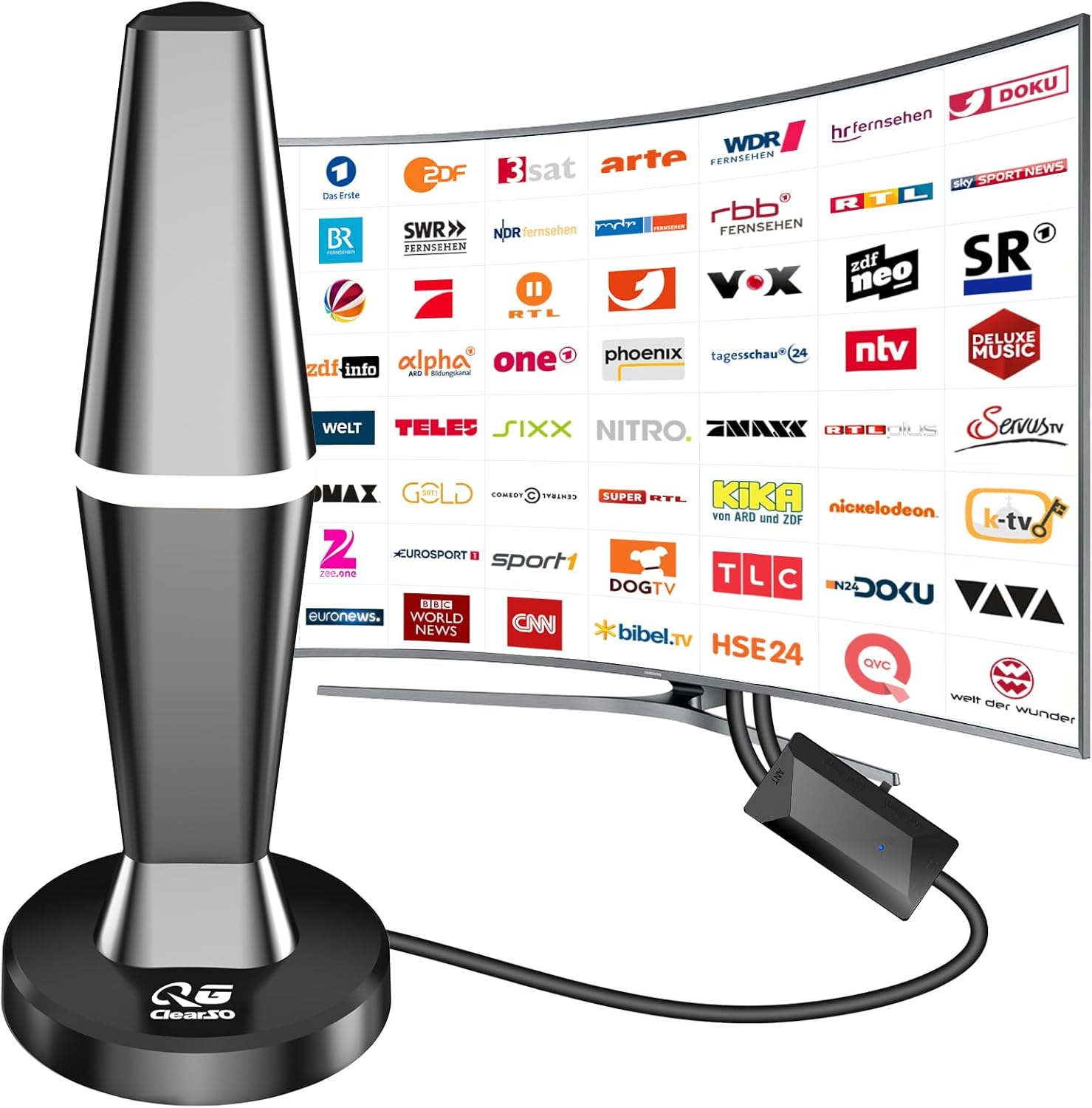 DVTB2 Antenne mit Verstärker,zimmerantenne für DVB-T&DVB-T2 Antennen,450 km Großer Reichweite und 360° Empfang,unterstützt 4K 1080P, TV kostenlos DVB-T2 VHF UHF-3M Koaxialkabel
