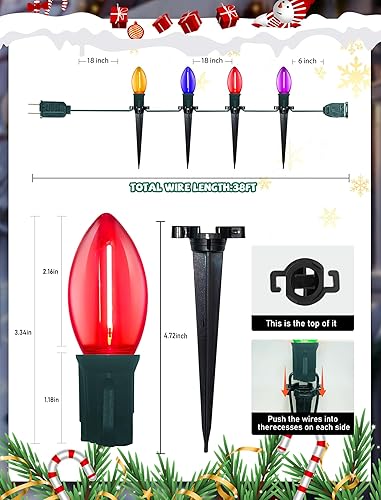 Miniatura 2 de Luces LED C9 para caminos de Navidad al aire libre, 38 pies, 25 bombillas LED C9, multicolor, luces de estacas de camino de Navidad, luces