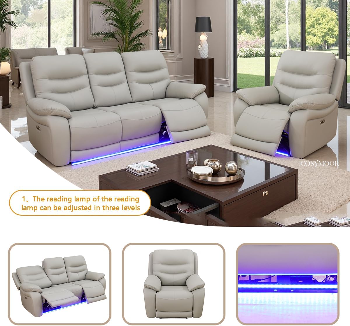 Power Recliner Sofa Set with LED Light, Living Room Furniture Sets, Leather Sectional Sofa and Chair Set,Modern Power Reclining Sets with USB Port for House