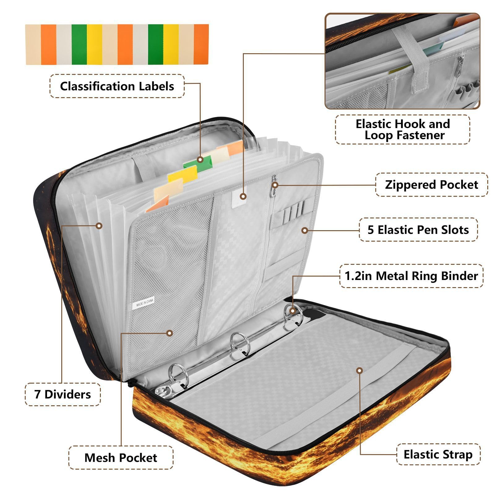 Fiery Tiger Flames - Raccoglitore espandibile a 3 anelli, con 7 tasche a fisarmonica, raccoglitore ad anelli per scuola, ufficio, viaggi