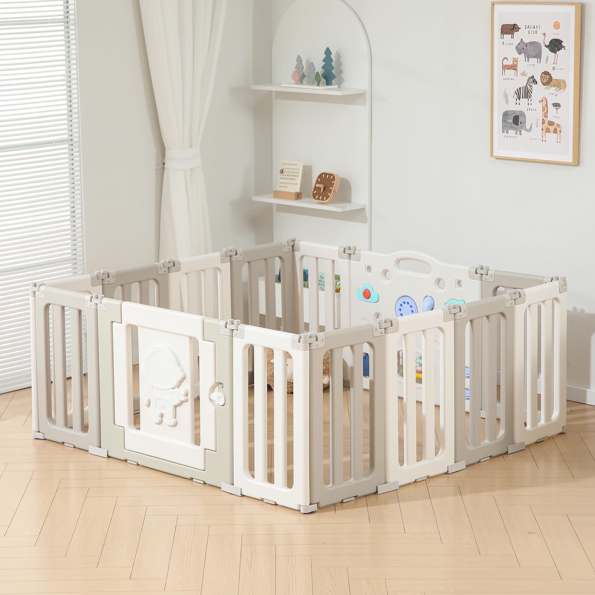 Baby Play Pen, Foldable Play Pens for Babies and Toddlers, 14 Panels Extra Large Baby Playpen, Astronauts Portable Baby Fence, Baby Gate Playpen, Baby Play Yard - Grey