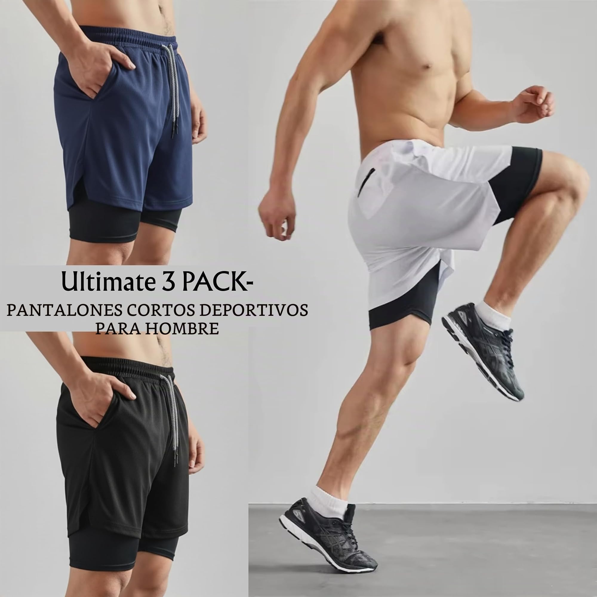 Pack de 3 Pantalones Cortos Hombre Deporte 2 en 1 con Malla integrada | 4 Bolsillos, Cinta Trasera Portatoallas, Resistentes, Transpirables, de Secado Rápido, Gym, Crossfit, Running, Padel