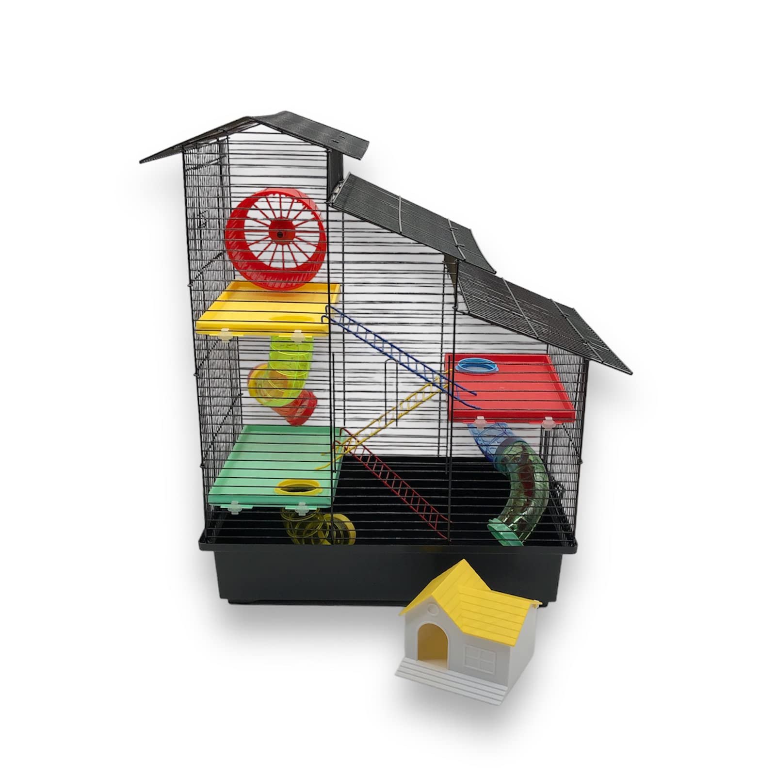 ZooPaul Hamsterkäfig XXL mit Zubehör Bunt für Hamster und Mäuse, Nagerkäfig mit Burg, Treppe, Tunnelsystem, Laufrad und Häuschen, 67 x 49 x 32 cm, Schwarz