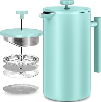 KICHLY Cafetiere 8 Cup Stainless Steel French Press Coffee Maker, Coffee Press with 3 Level Filtration System - Double Walled Insulated Caffettiere with 1 Extra Filter - 1000ml / 34Oz - Sky Blue