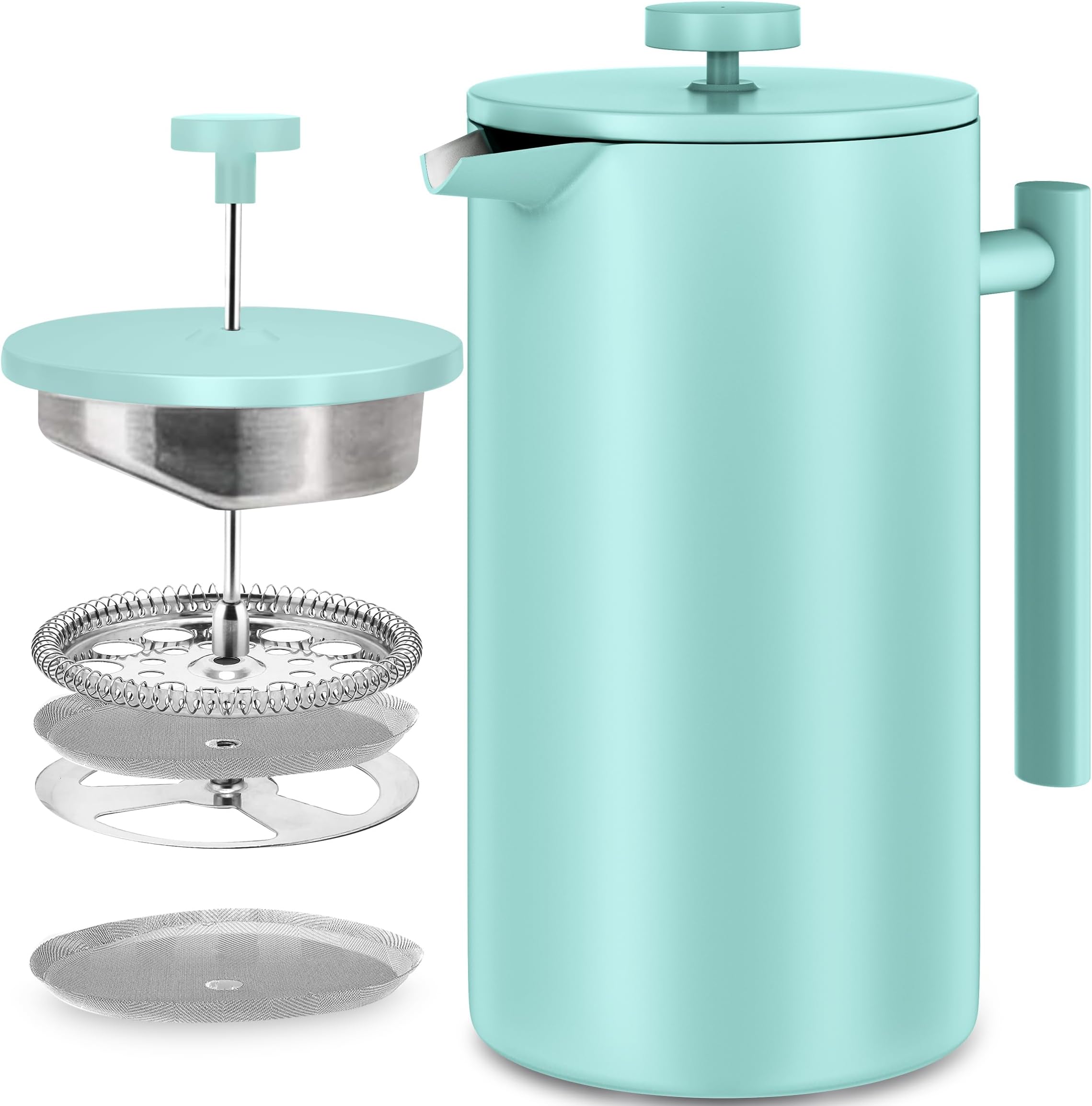 KICHLY Cafetiere 8 Cup Stainless Steel French Press Coffee Maker, Coffee Press with 3 Level Filtration System - Double Walled Insulated Caffettiere with 1 Extra Filter - 1000ml / 34Oz - Sky Blue
