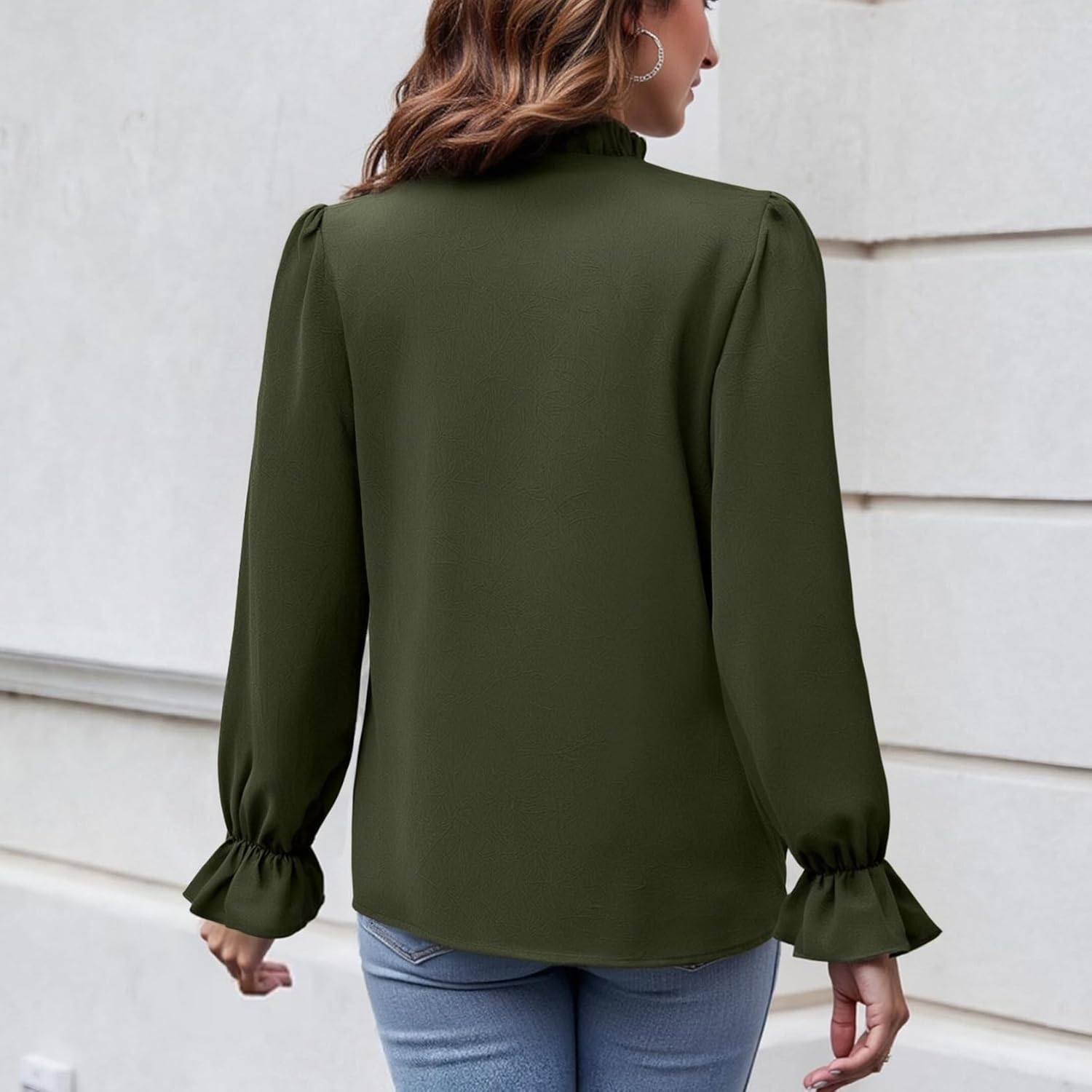 Womens Ruffle Dressy Blouses V Neck Long Puff Sleeve Retro Pleated Office Shirts Tunic Tops - Image 3