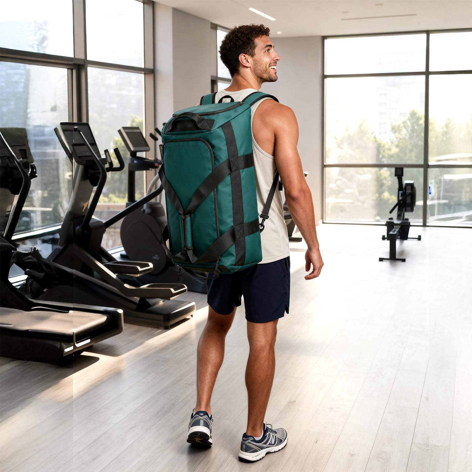 MIER Sporttasche für Herren, großer Seesack mit Schuhfach, 60 l, wandelbare Reisetasche, Wochenendtasche, Übernachtungstasche, für Fitnessstudio, Sport, Reisen, Dunkles Türkis, Casual