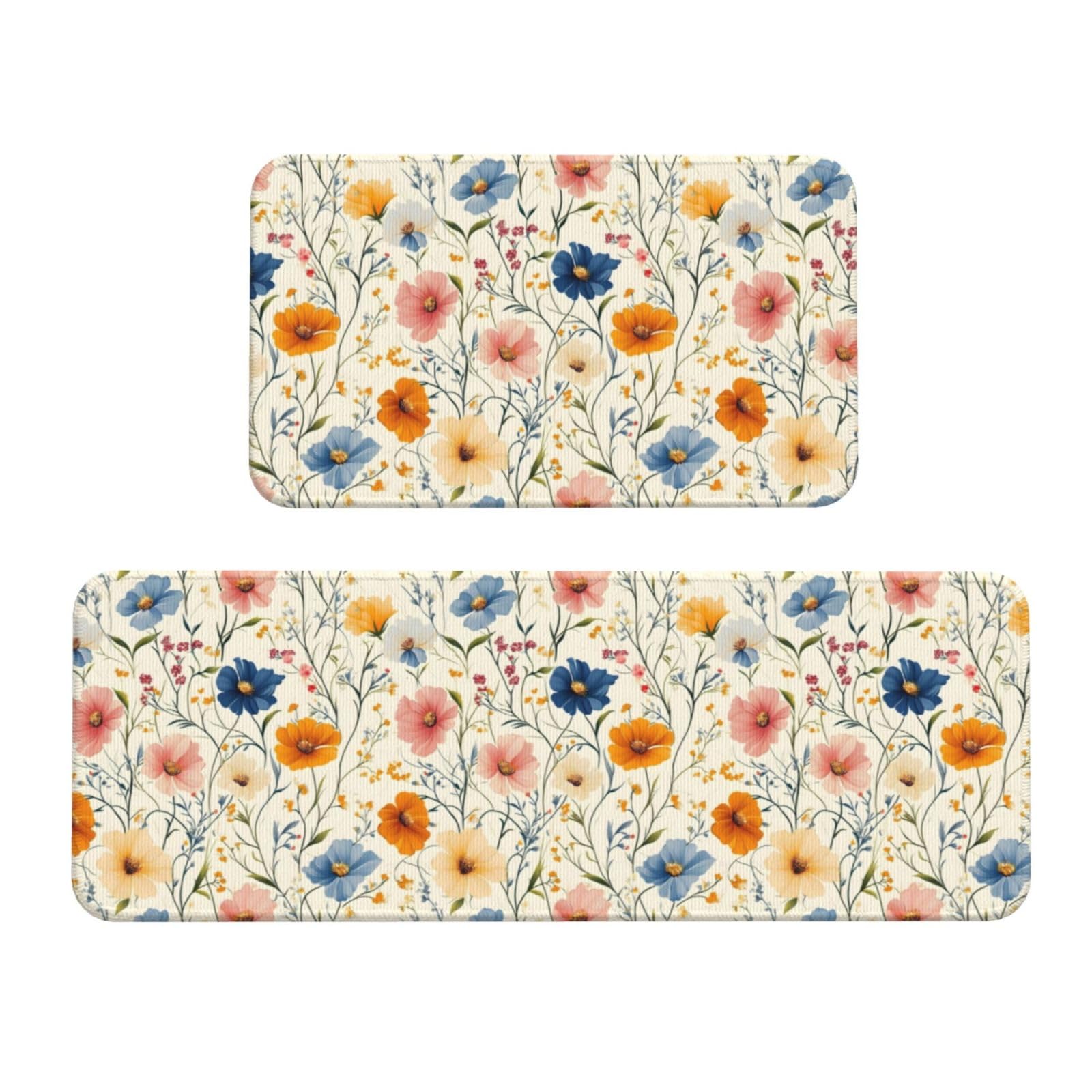 GVYGVY Antifatigue Kitchen Mats for Floor 2 Piece - Colorful Floral A Print Kitchen Rugs Washable, Non Slip Runner Rug Standing Mat for Office/Bathroom/Laundry/Home Decor and Accessories
