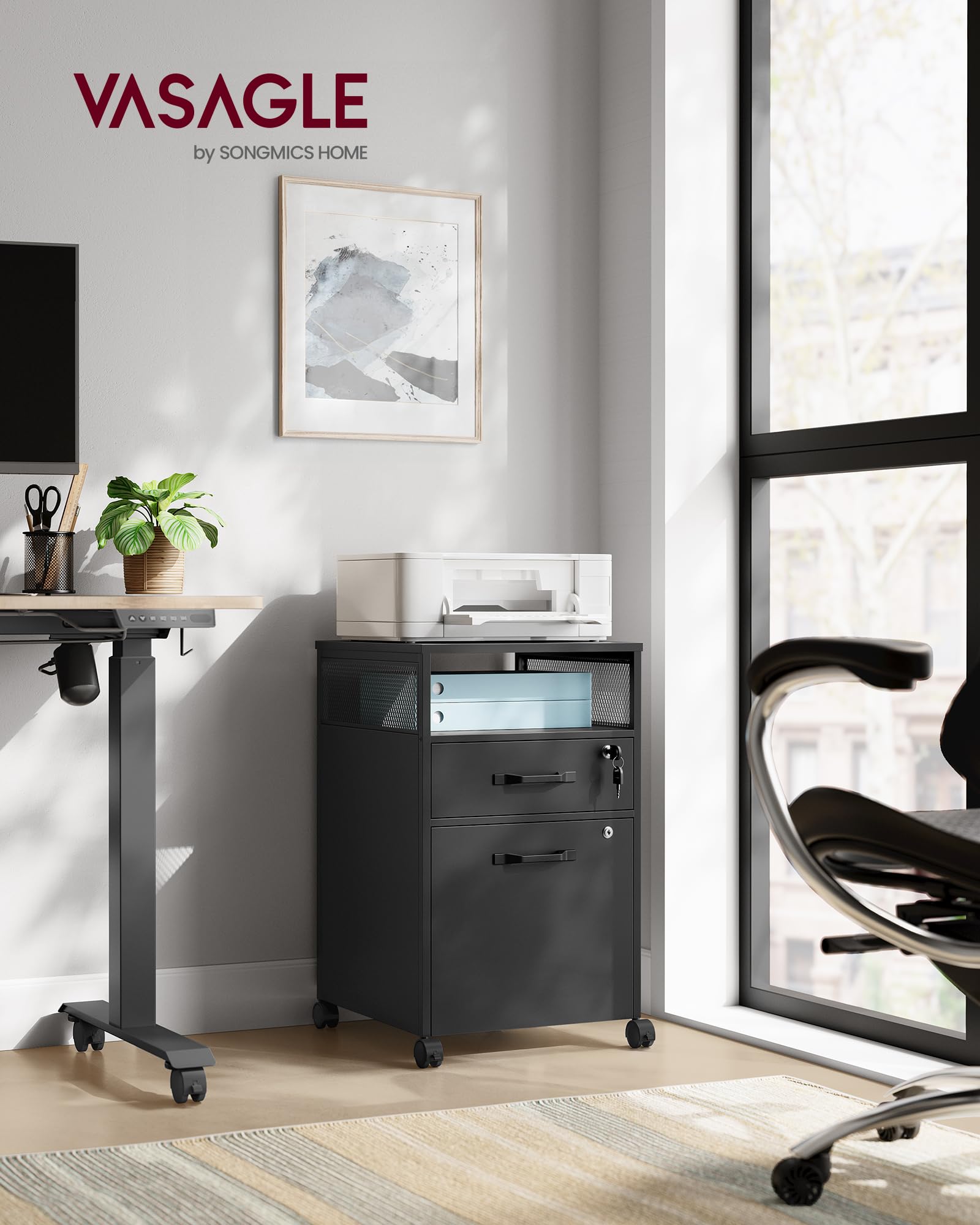 VASAGLE Archivador móvil con ruedas, para oficina en casa, 2 cajones con cerradura, para A4, carpetas colgantes tamaño carta, estante abierto, marco de acero, tinta negra UOFC077B16