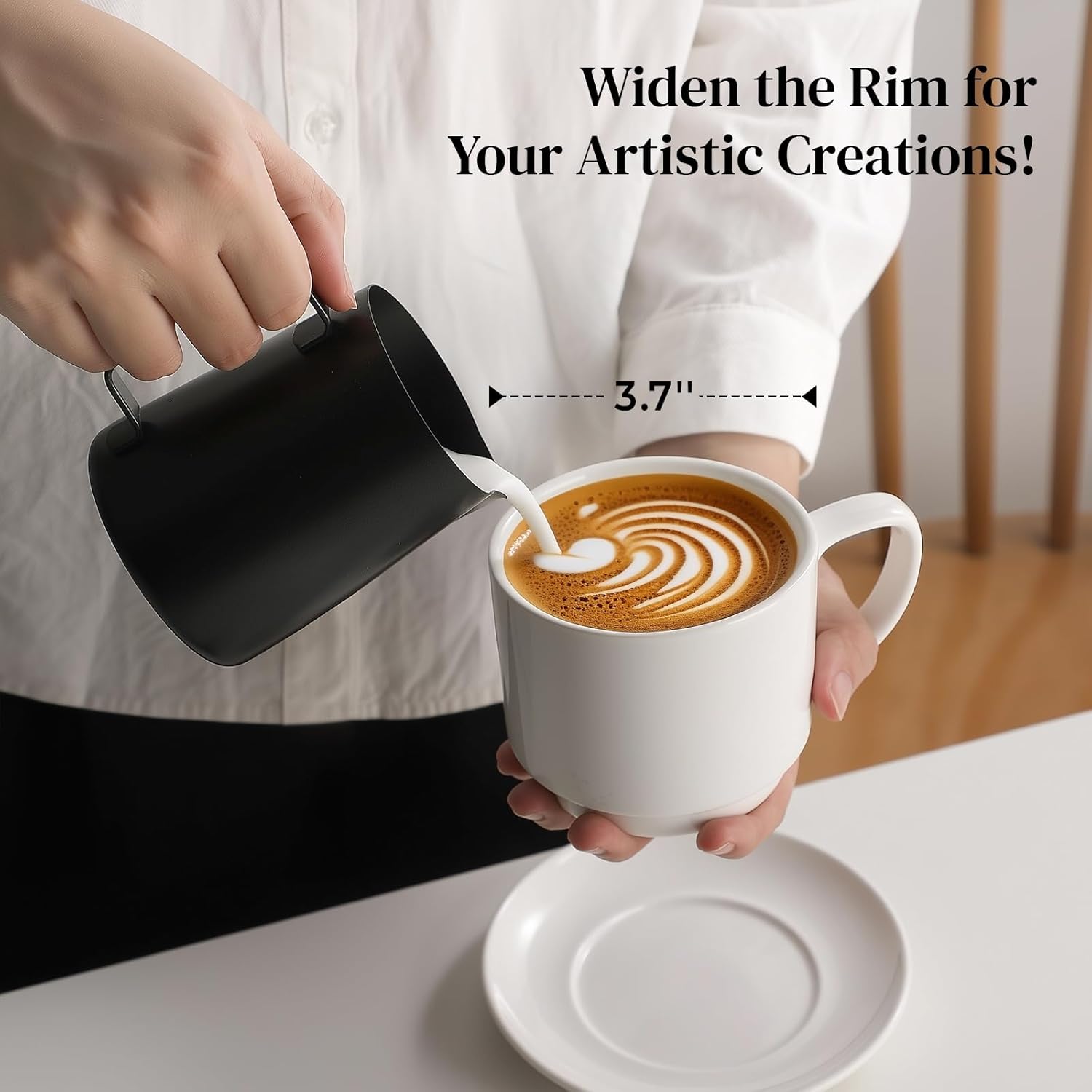 DOWAN 12oz Coffee Mugs, Cappuccino Cup and Saucer Set of 4, White Ceramic Coffee Cups for Latte/Tea/Milk, Tea Cups for Use in Office, Home and Cafes, Microwave Safe - Image 6