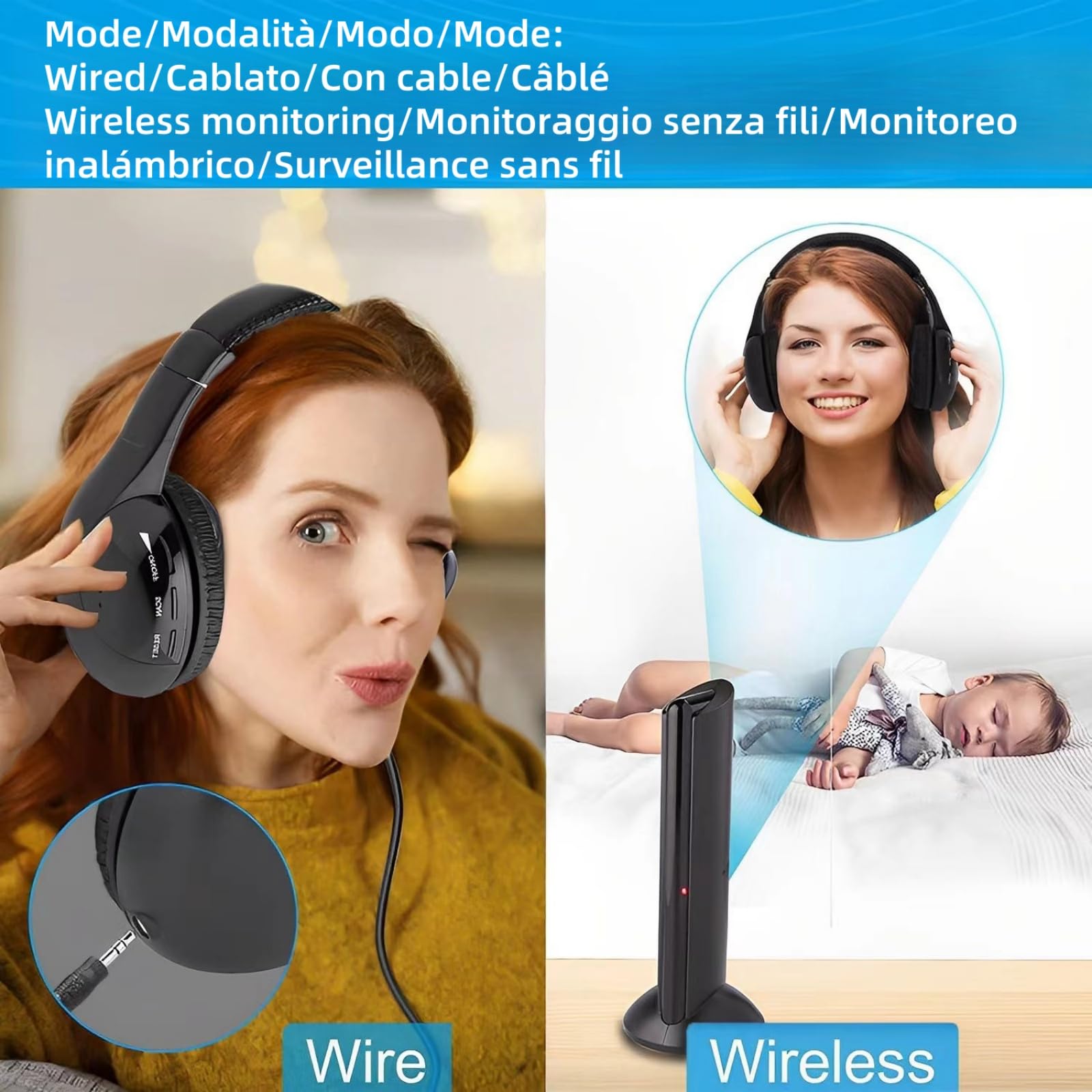 Casque TV sans Fil, Casque sans Fil avec Base éMettrice, Casque TV sans Fil avec Fonction Radio FM pour Personnes âGéEs, Prise en Charge des Ports De Sortie Audio RCA, Aux, Optique et Coaxial