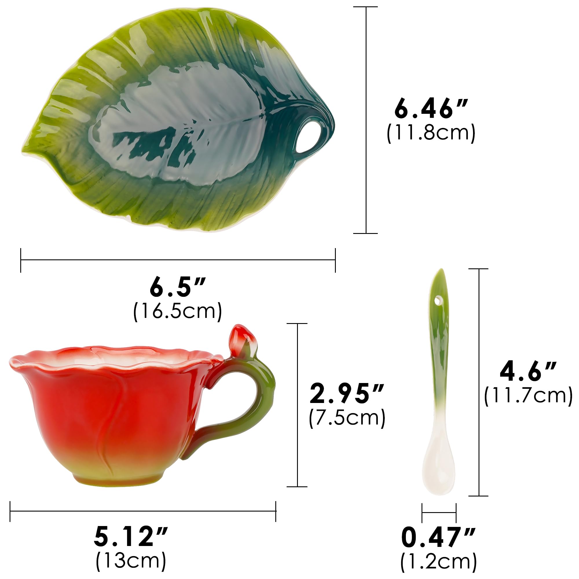 Juego de taza de té y platillo floral de rosa roja para mujer, taza de té de porcelana esmaltada de 5.6 onzas con cuchara