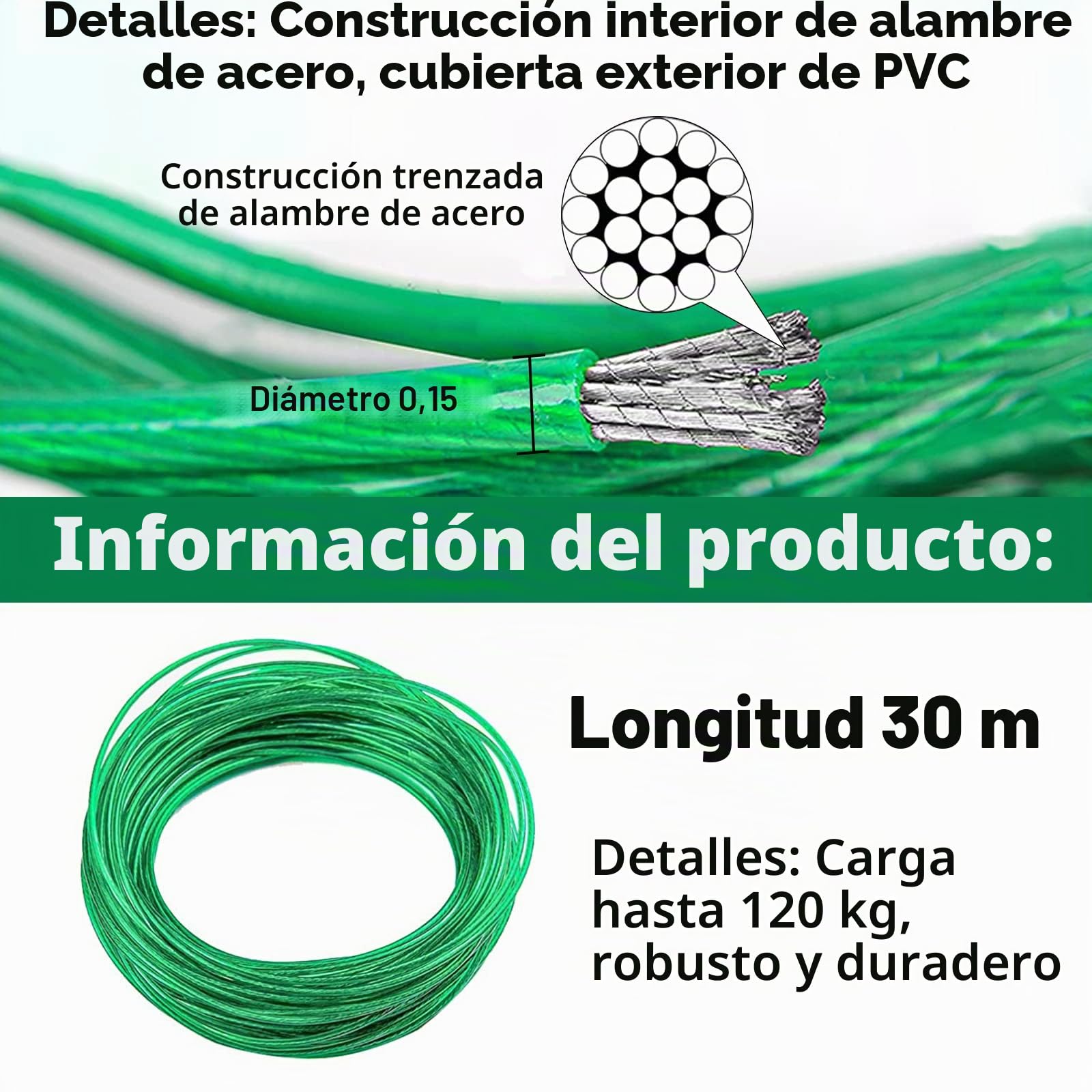 Cuerda para Tender de 30 m con núcleo de Acero para Exteriores, Resistente a la corrosión y al Agua, tendedero Extra Fuerte con una Capacidad de Carga de 120 kg, para jardín Verde