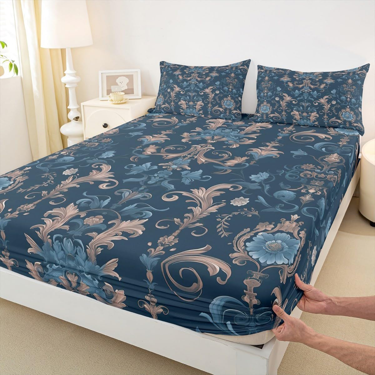 Erosebridal Baroque Damask Fitted Sheet Blue Golden Gothic Vintage Floral Bed Sheets Full Bohemian Exotic Bedding Set for Women Men Luxury Jacquard Damask Bed Cover 3 Pcs Antique Victorian Style