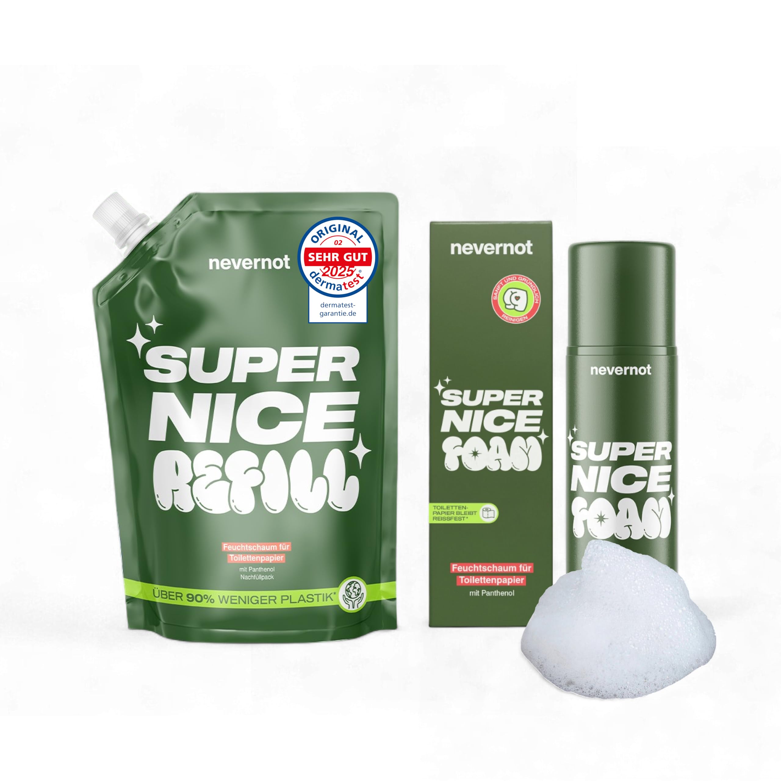 Super Nice Foam Feuchtschaum für Toilettenpapier Starter Set | 120 ml & Nachfüllpack 240 ml, Milder Reinigungsschaum, Panthenol, 98% Natürlich, Feuchttücher Ersatz, nevernot