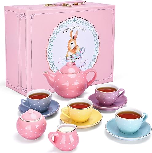 Jewelkeeper Juego de té de porcelana para niñas pequeñas con cesta de picnic rosa, 13 piezas, mini juegos de té para niñas de 2 a 4 años, tazas