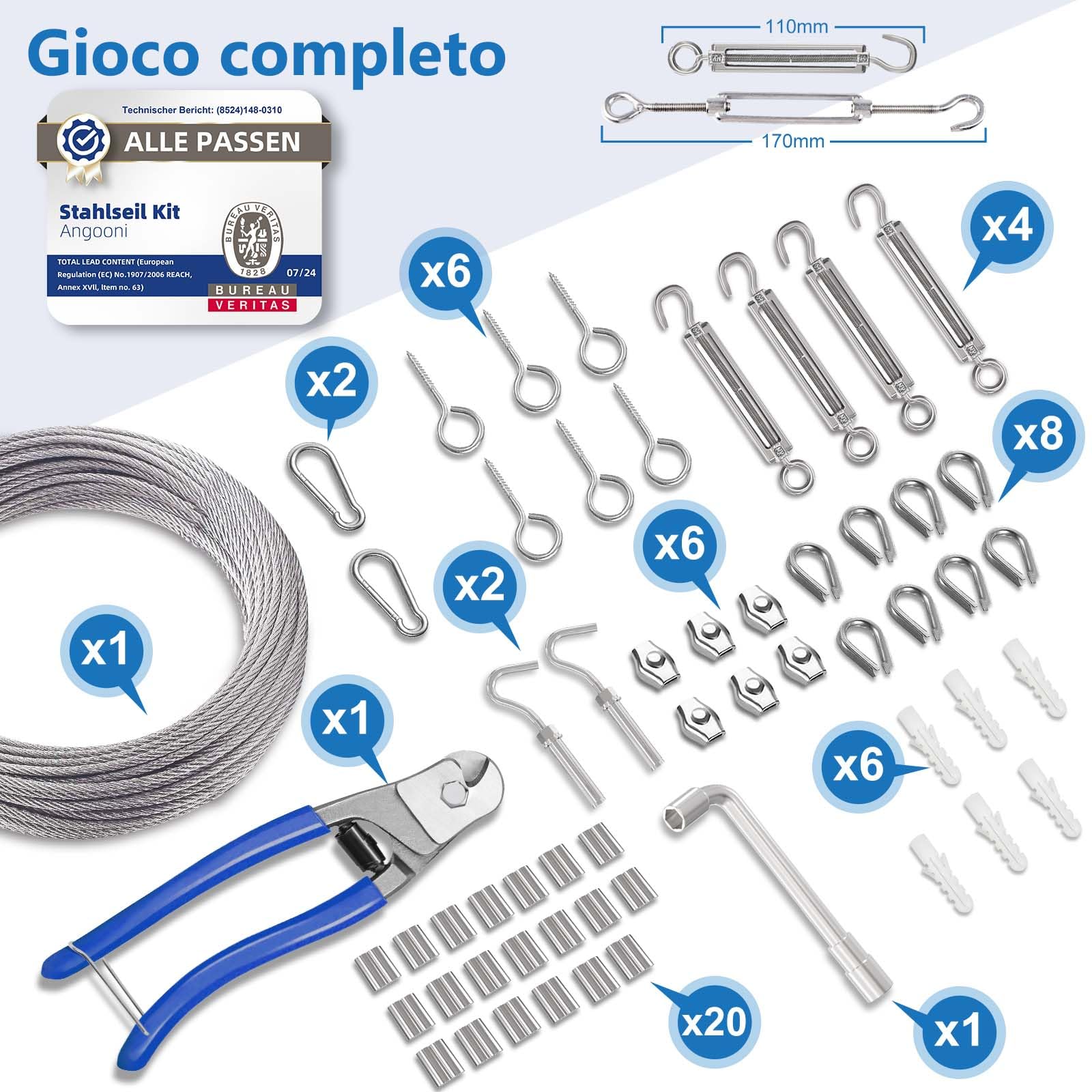 Angooni Set di fune in acciaio da 30 m, fune in acciaio inossidabile da 3 mm rinforzata, tenditore M5 in acciaio inossidabile, gancio a parete M5, fune in acciaio con occhielli, supporti per piante