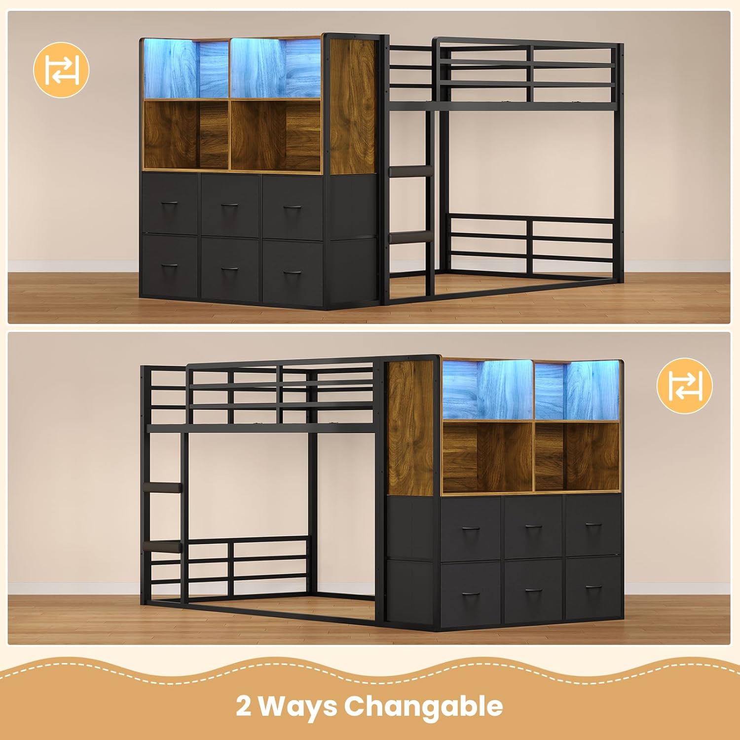 Image showing two possible configurations for the bunk bed, with the storage unit on either the left or right side.
