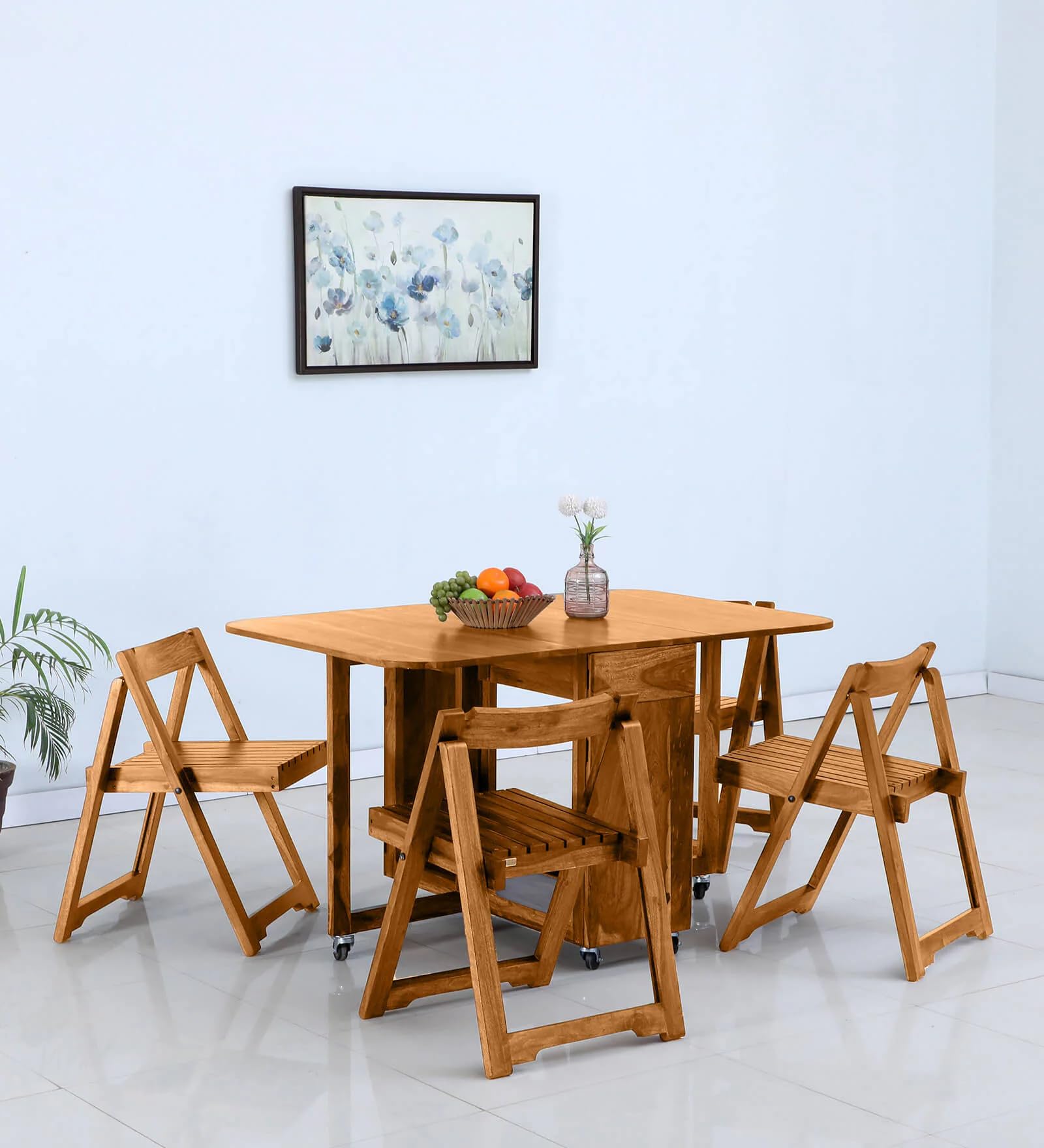 AD Planet Movable Space Saving Dining Table 4 Seater | Portable Dining Table & Chair Set | Foldable/Folding Dinner Table with Wheels and Drawers Storage | Solid Sheesham Wood, Rustic Teak Finish-image-49