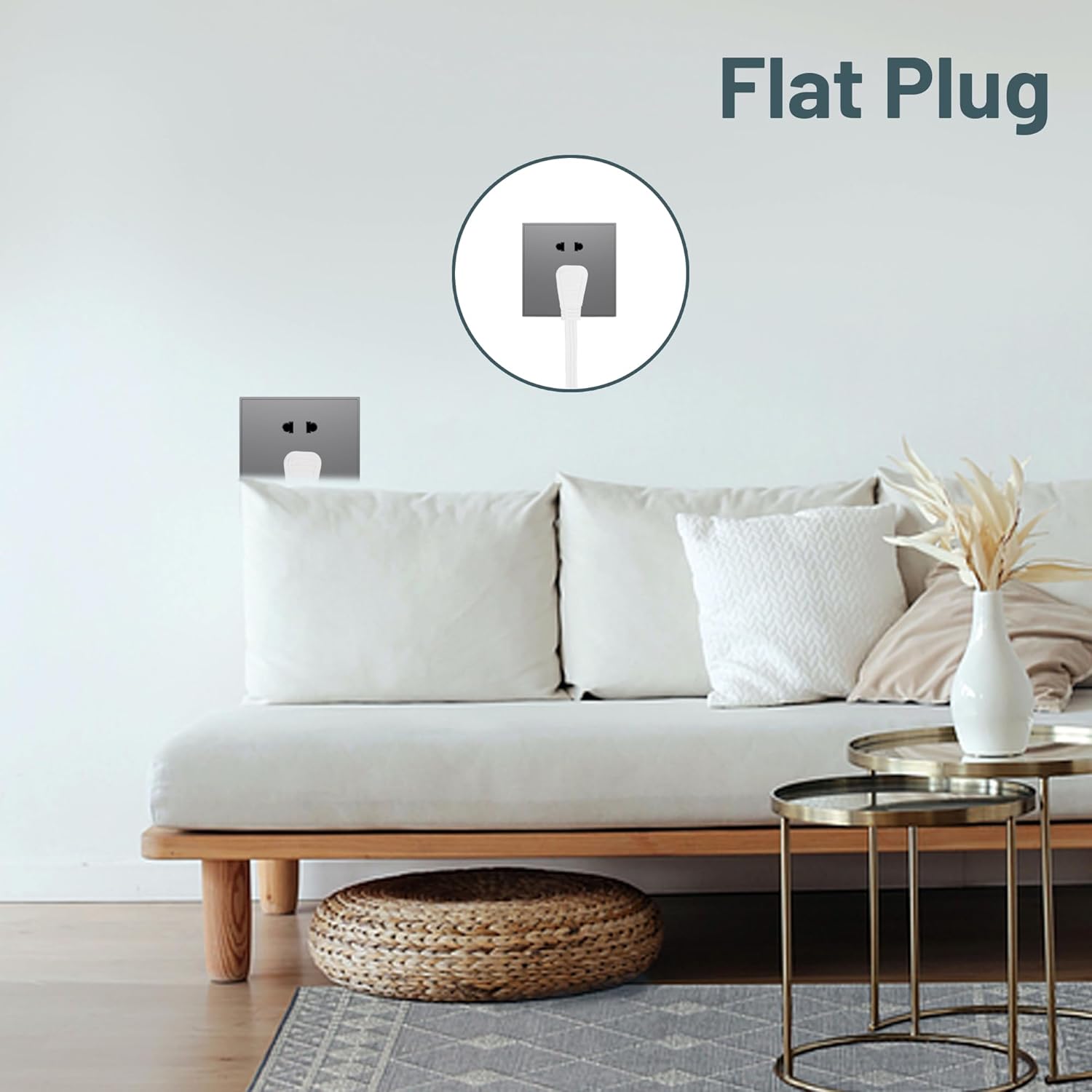 White Flat Plug Extension Cord 3 ft, 16/3 SPT-3 Indoor Extension Cord 13A 3 Prong Power Cord for Kitchens, Behind Furniture, Office, UL Listed