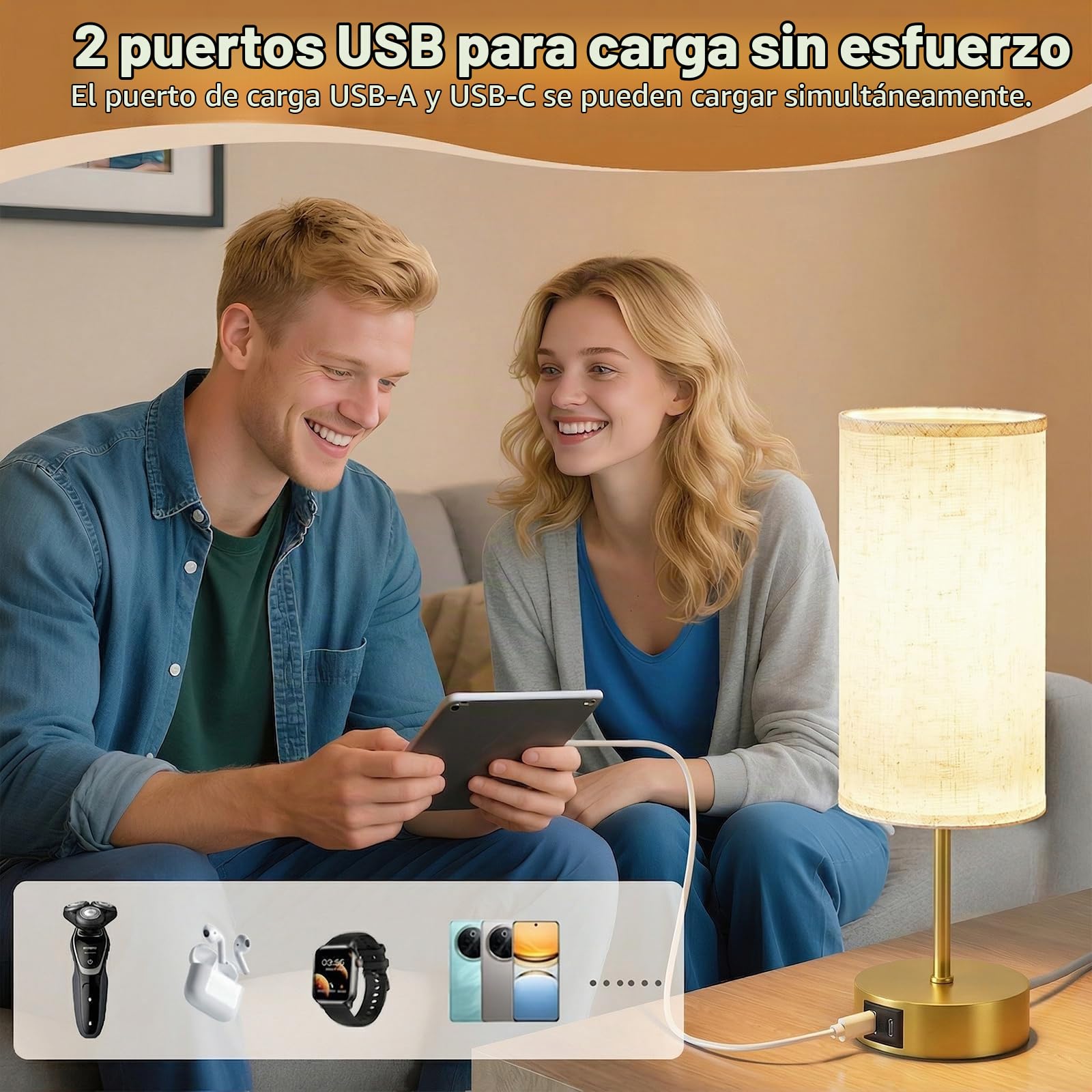 2 Unidades Lámparas de Mesita de Noche Control Táctil, con Carga | Lámpara de Mesa con Puertos USB-A y USB-C, Regulable en 3 Niveles, Pantalla de Lino, Cable de 1,5 m, E27 Incluida, Dorado
