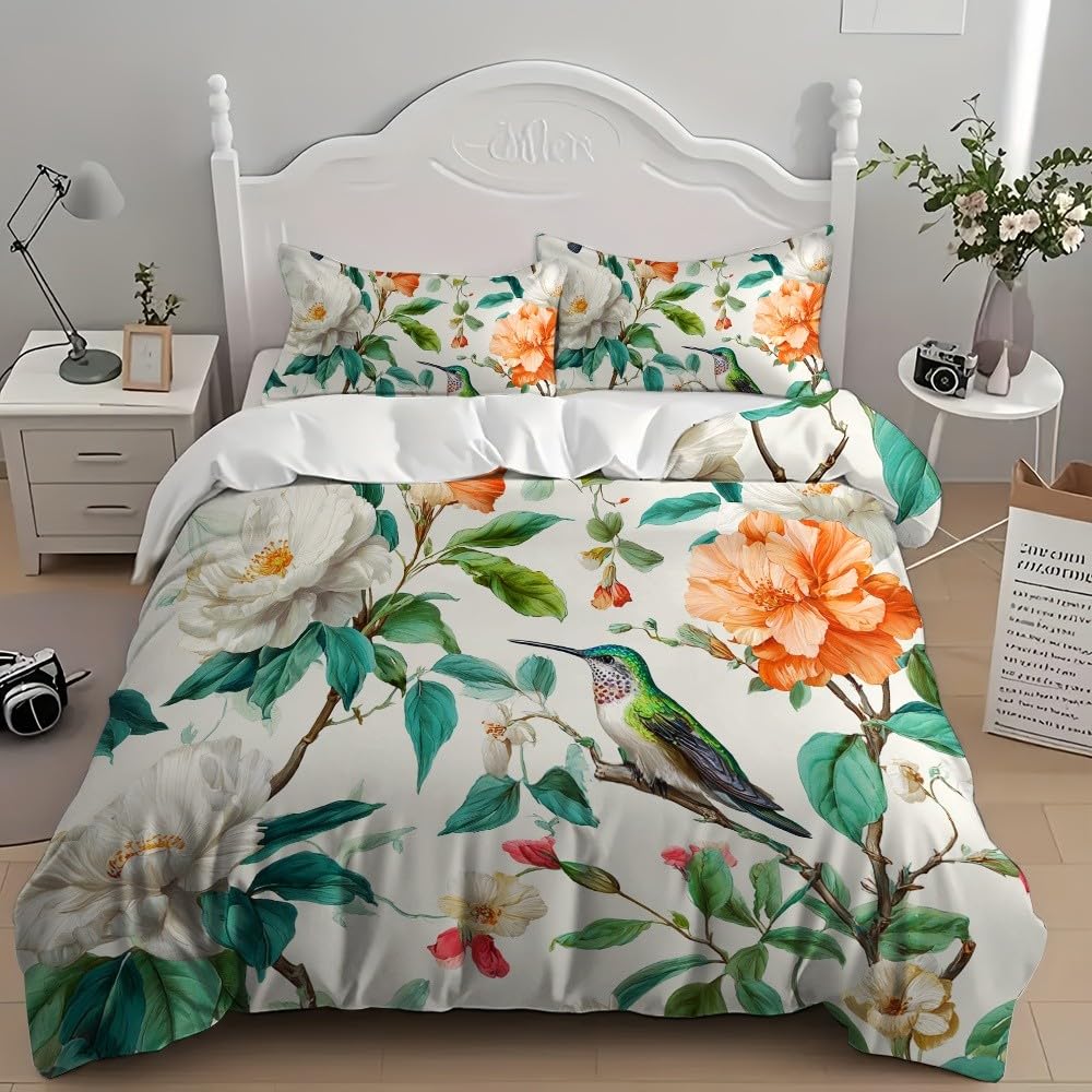 3-częściowy komplet pościeli z mikrofibry, z zamkiem błyskawicznym – retro rośliny i ptaki, żelowa, poszwa na kołdrę 240 x 220 cm i 2 poszewki na poduszkę 80 x 80 cm, biała, miękka, oddychająca poszwa