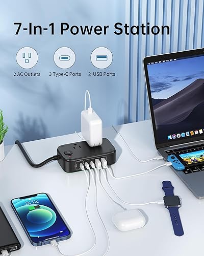 Miniatura 2 de Regleta de alimentación con puertos USB C, estación de carga USB C de 30 W con 2 tomacorrientes, 3 USB C y 2 USB A, cargador de viaje para múltiples