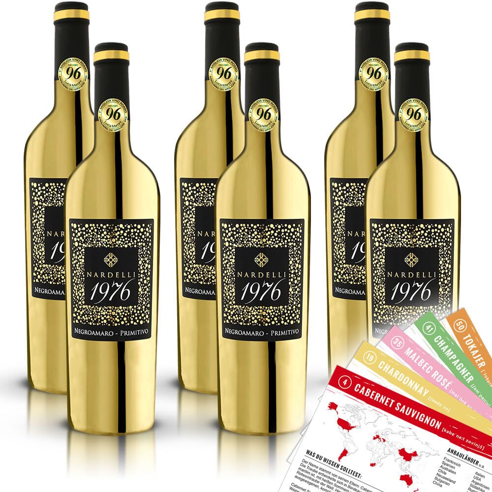 Nardelli 1976 Gold Edition Negroamaro Primitivo, halbtrocken, sortenreines Weinpaket + VINOX Winecards (6x0,75l)