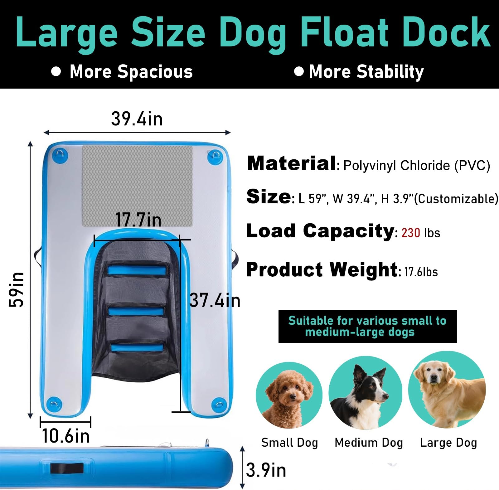 ERRULAN Large Inflatable Floating Dog Water Ramp for Dogs Up to 250LBS, Heavy Duty Dog Float Dock Platform, Puncture-Resistant Dogs Boat Ladder for Small/Medium/Large Dogs(Blue)