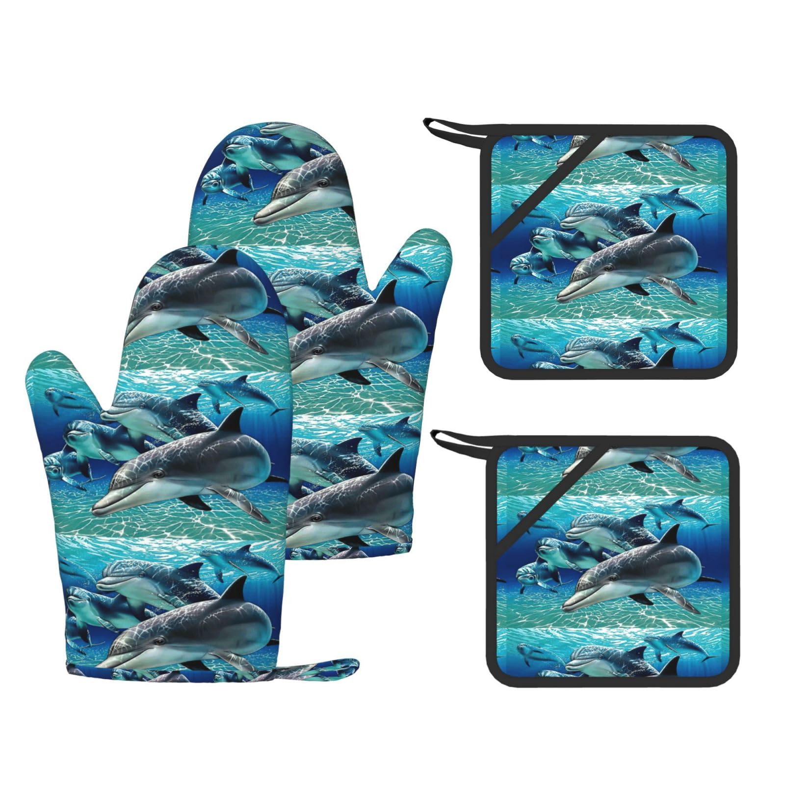 Dolphins Printed Oven Mitts and Pot Holders Set of 4, Heat Resistant Silicone Gloves for Baking Grilling