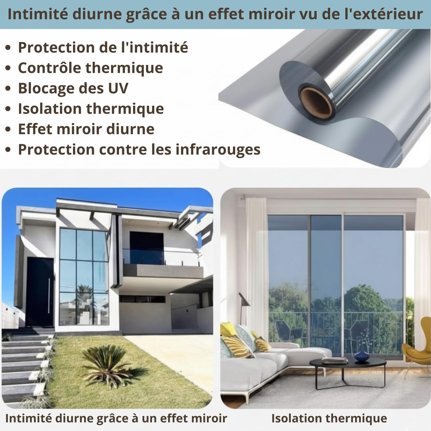 Film miroir pour vitres de confidentialité jour – (120 x 400 cm), anti-UV et contrôle de la chaleur, film occultant réfléchissant auto-adhésif professionnel fenêtres maison bureau, tenue forte sans