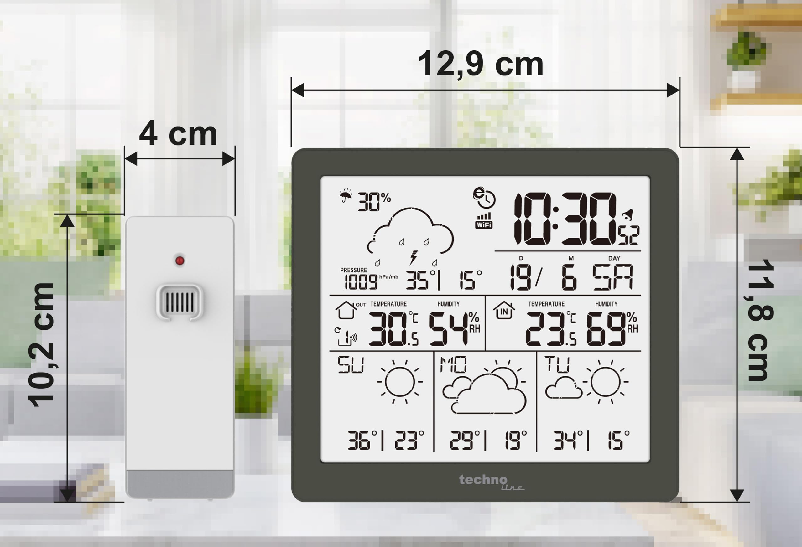 Techno Line WD2200 - Station Météo avec Prévision Météorologique de 3 Jours, Emetteur Extérieur, Données sur la Station et sur le Téléphone Portable (Application Direct Weather)