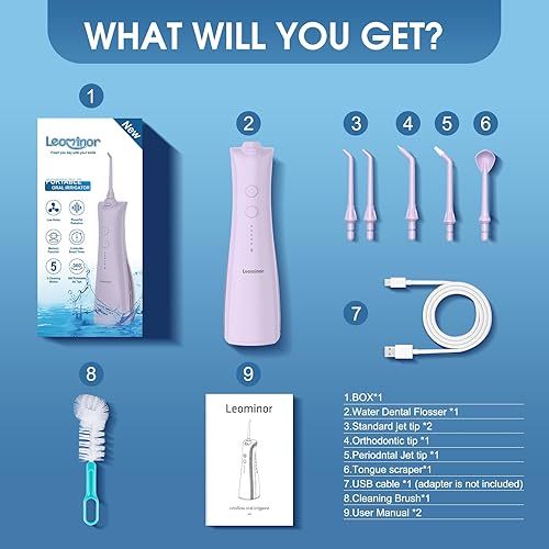 Miniatura 8 de Leominor Irrigador dental de agua - Irrigador oral portátil inalámbrico con 5 modos, IPX7 impermeable, limpiador de dientes recargable, tanque de